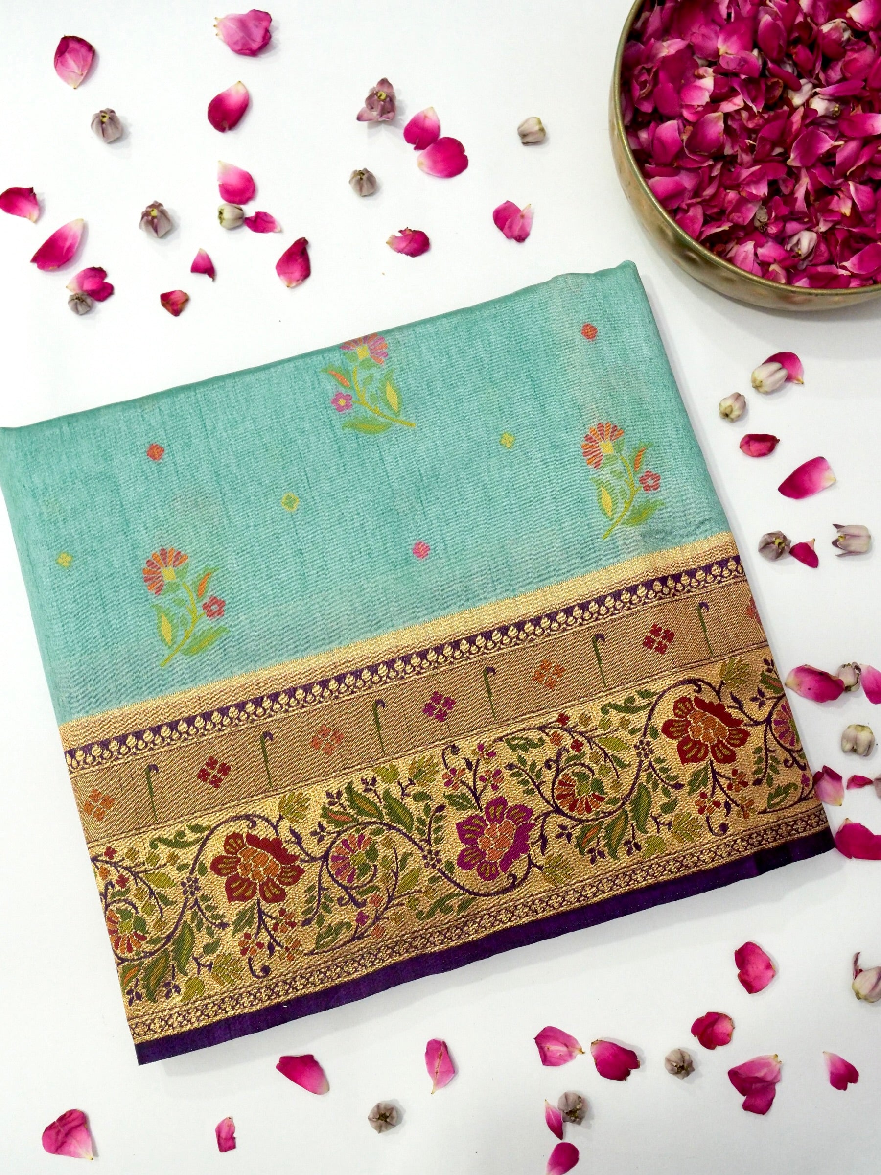 Mint Aqua Patola Silk Saree with Contrast Purple Floral Zari Border