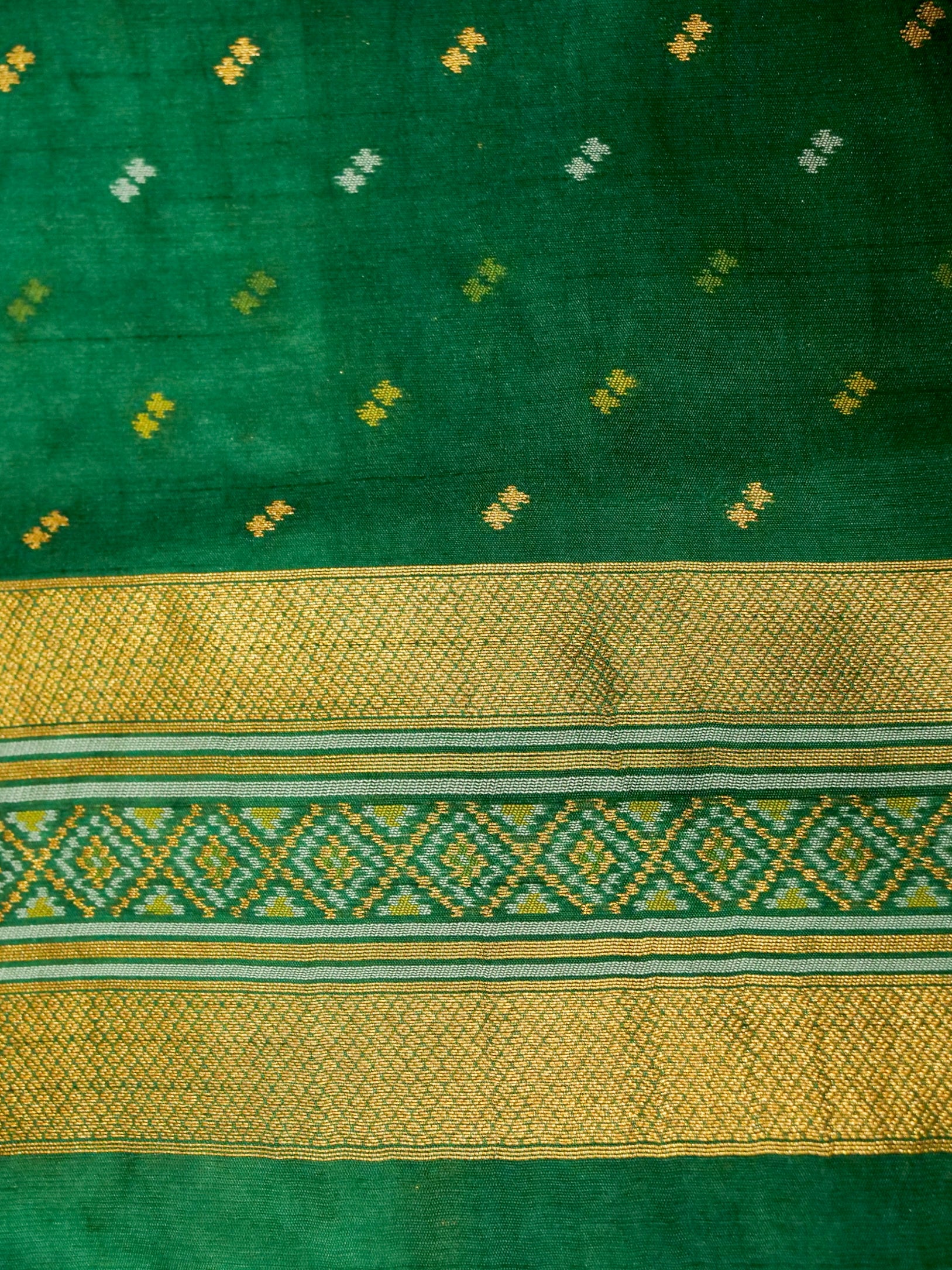 Soft Ivory Patola Silk Saree with Emerald Green Border