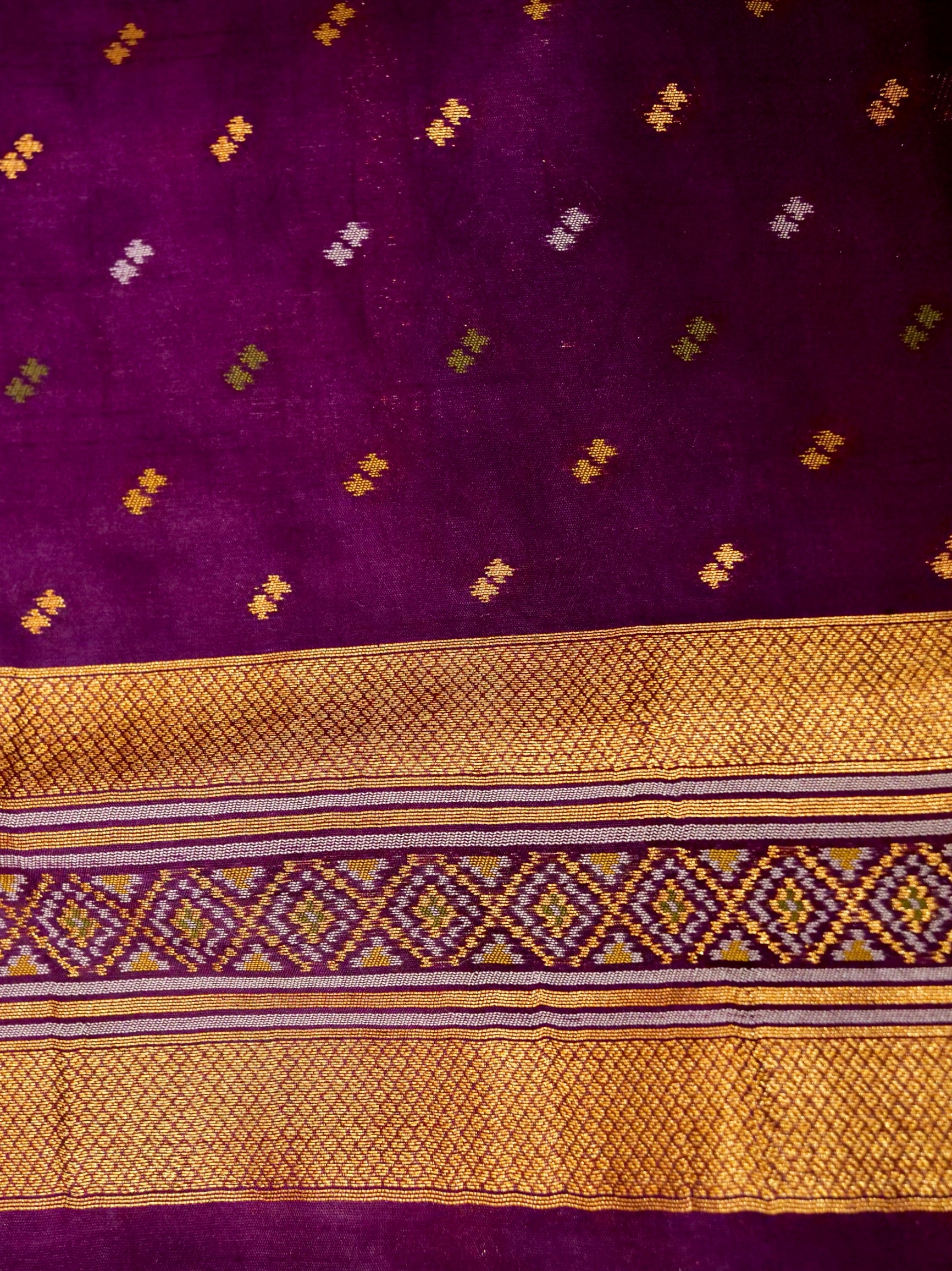 Soft Ivory Patola Silk Saree with Royal Purple Border