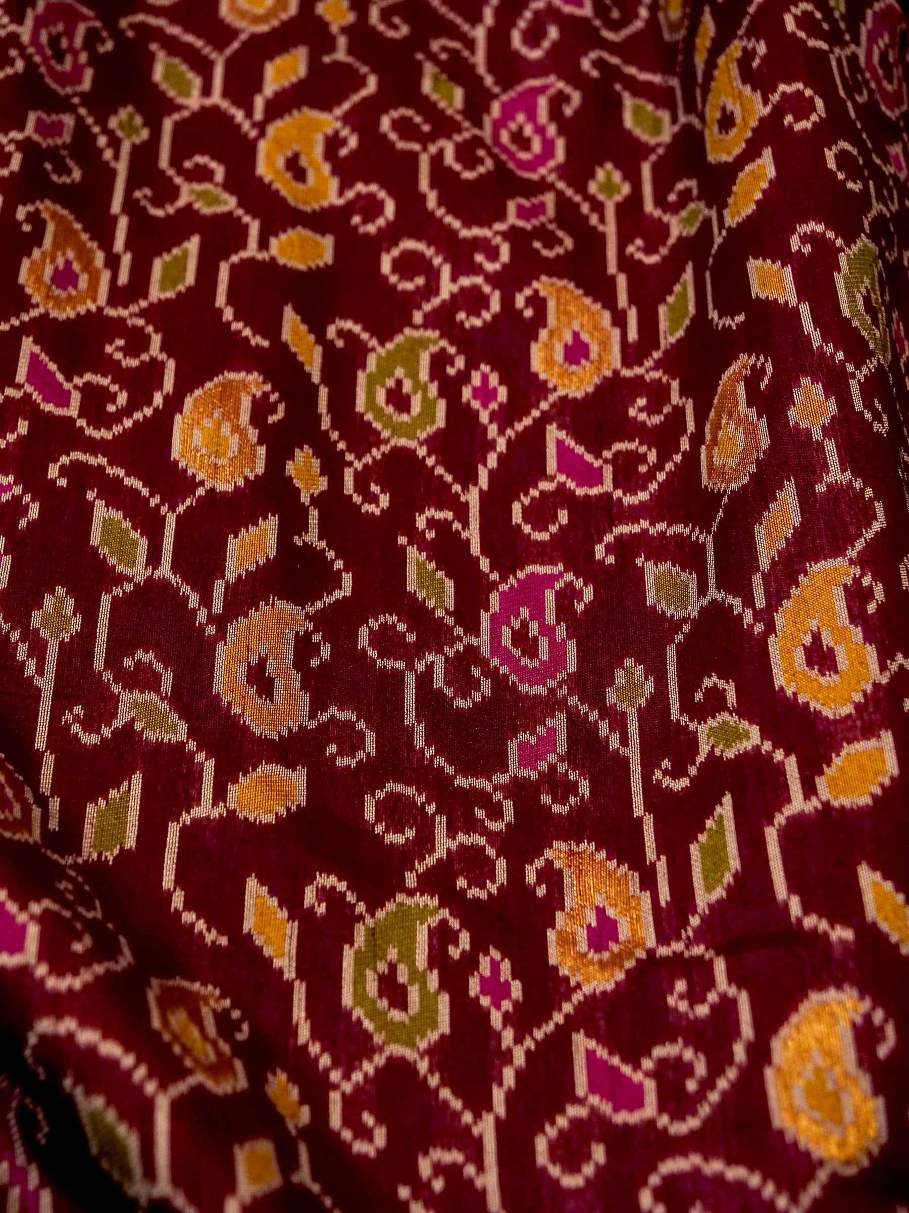Wine Patola Silk Saree with Contrast Turquoise Border