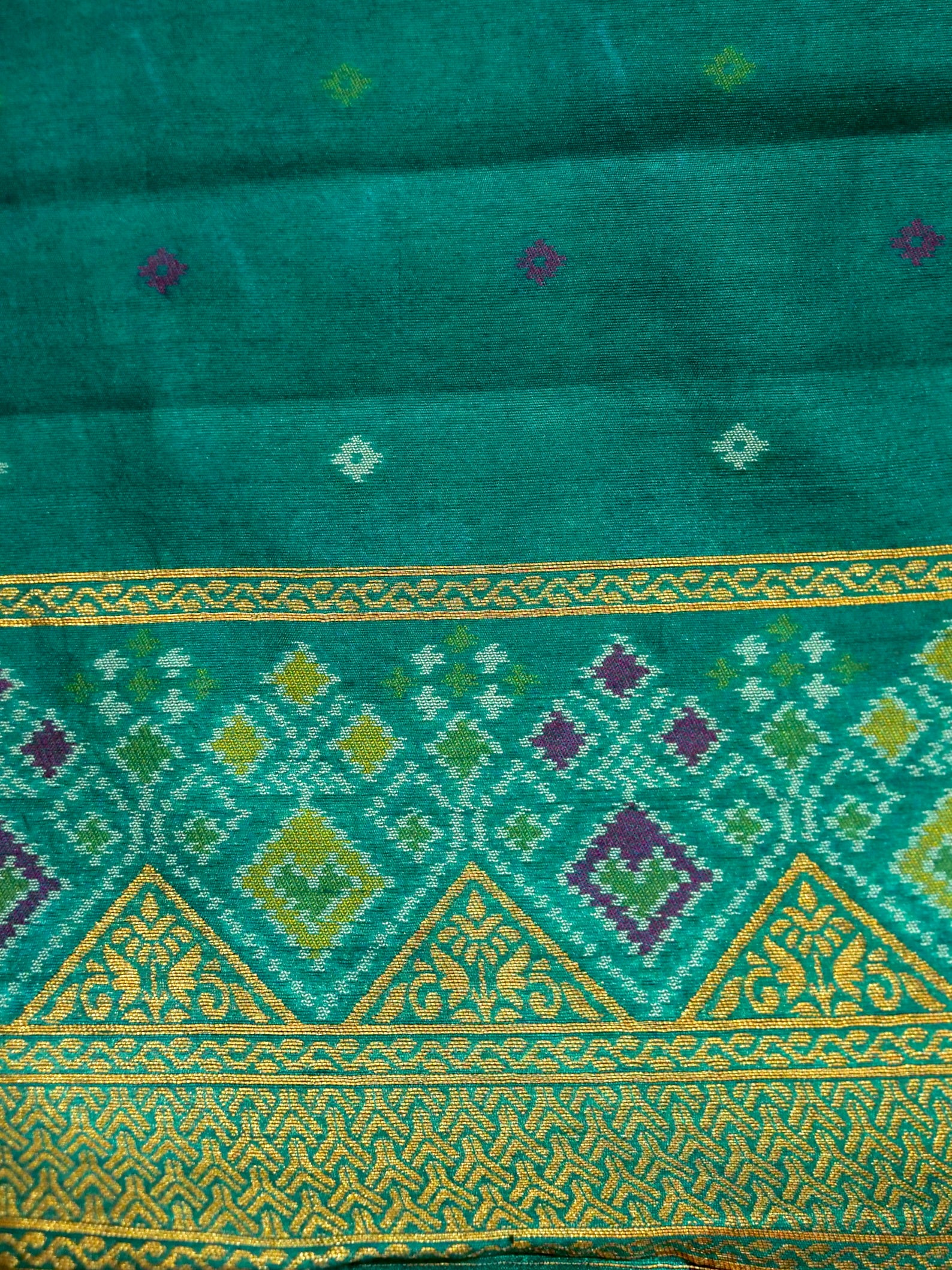 Wine Patola Silk Saree with Contrast Turquoise Border
