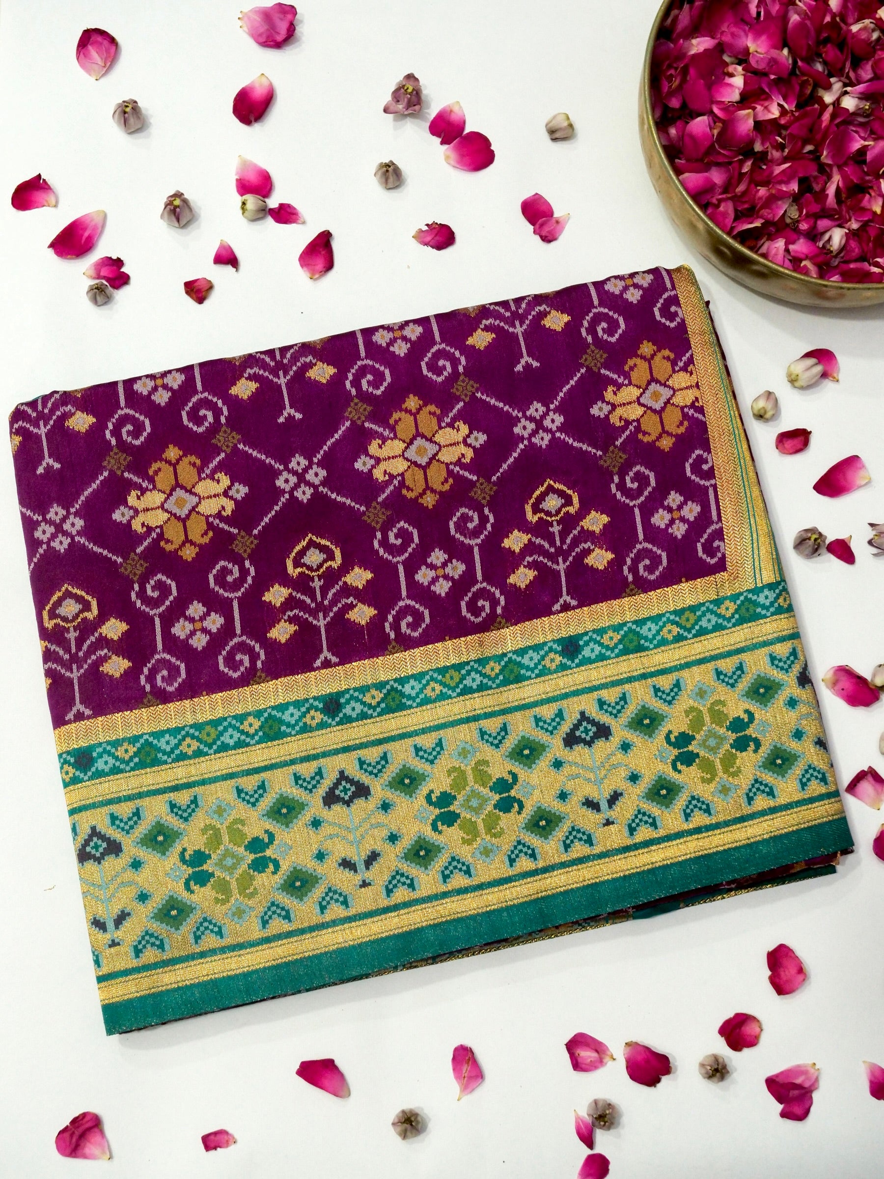 Magenta Purple Patola Silk Saree with Contrast Teal Green Border