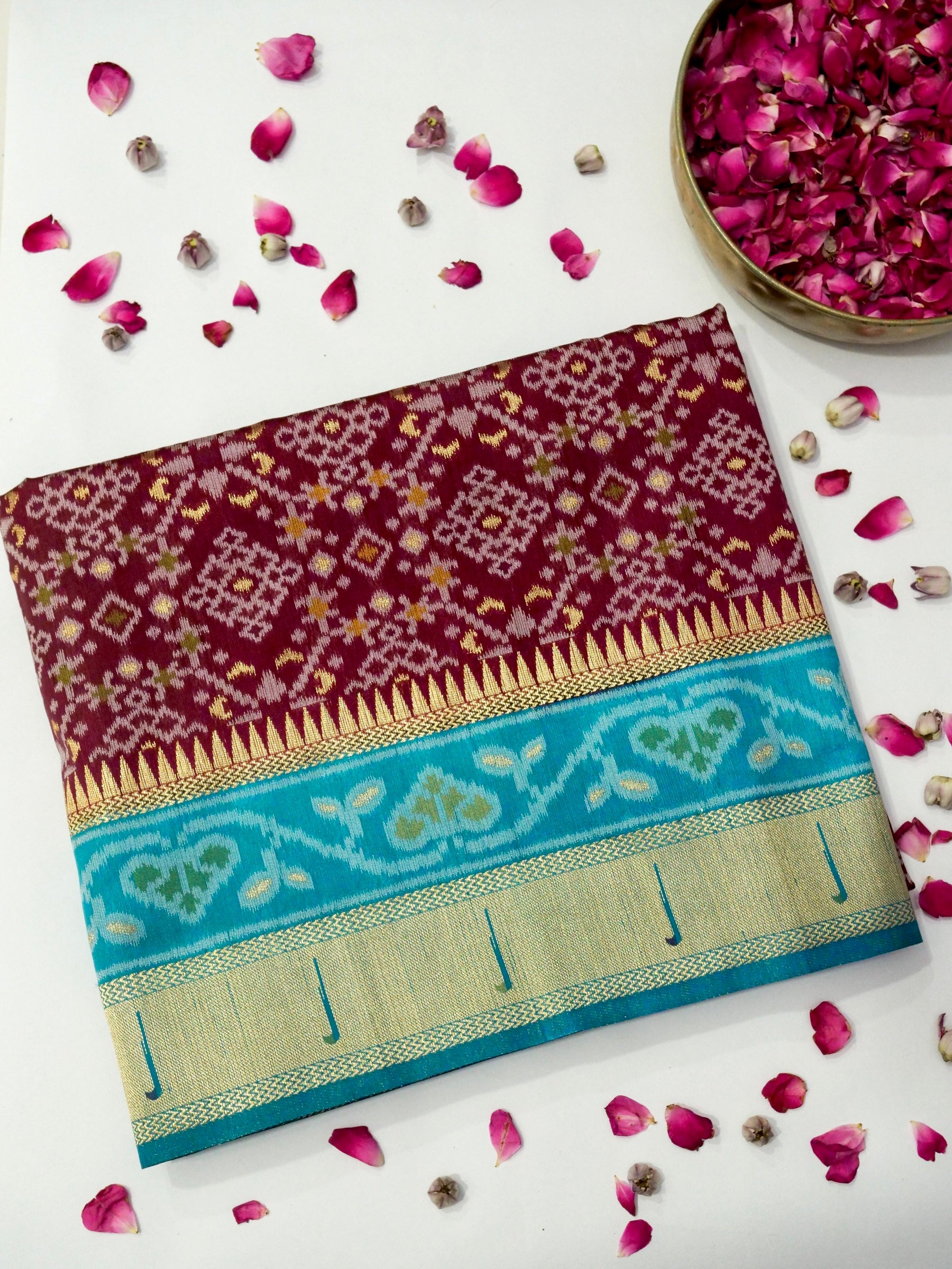 Maroon Wine Patola Silk Saree with Contrast Turquoise Blue Border