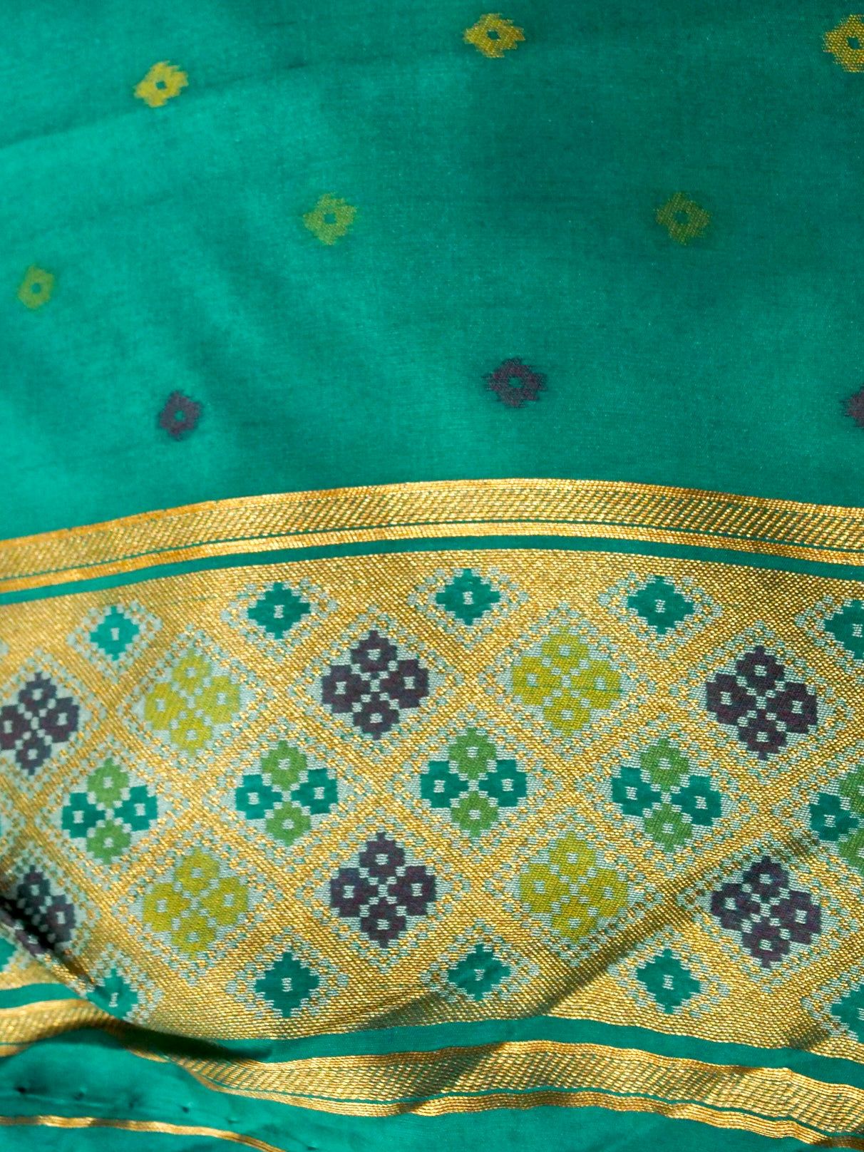 Burgundy Patola Silk Saree with Contrast Teal Border