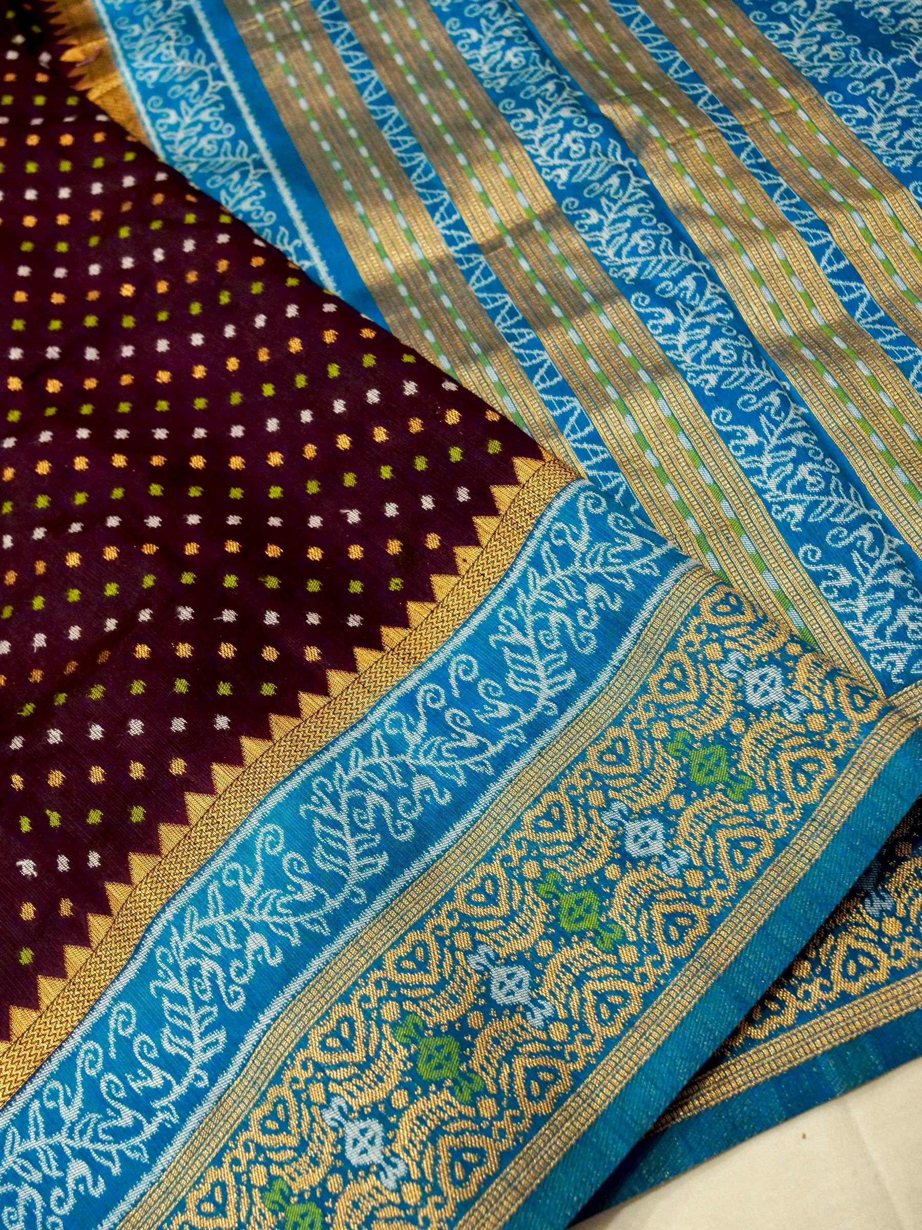 Coffee Brown Patola Silk Saree with Contrast Aqua Border