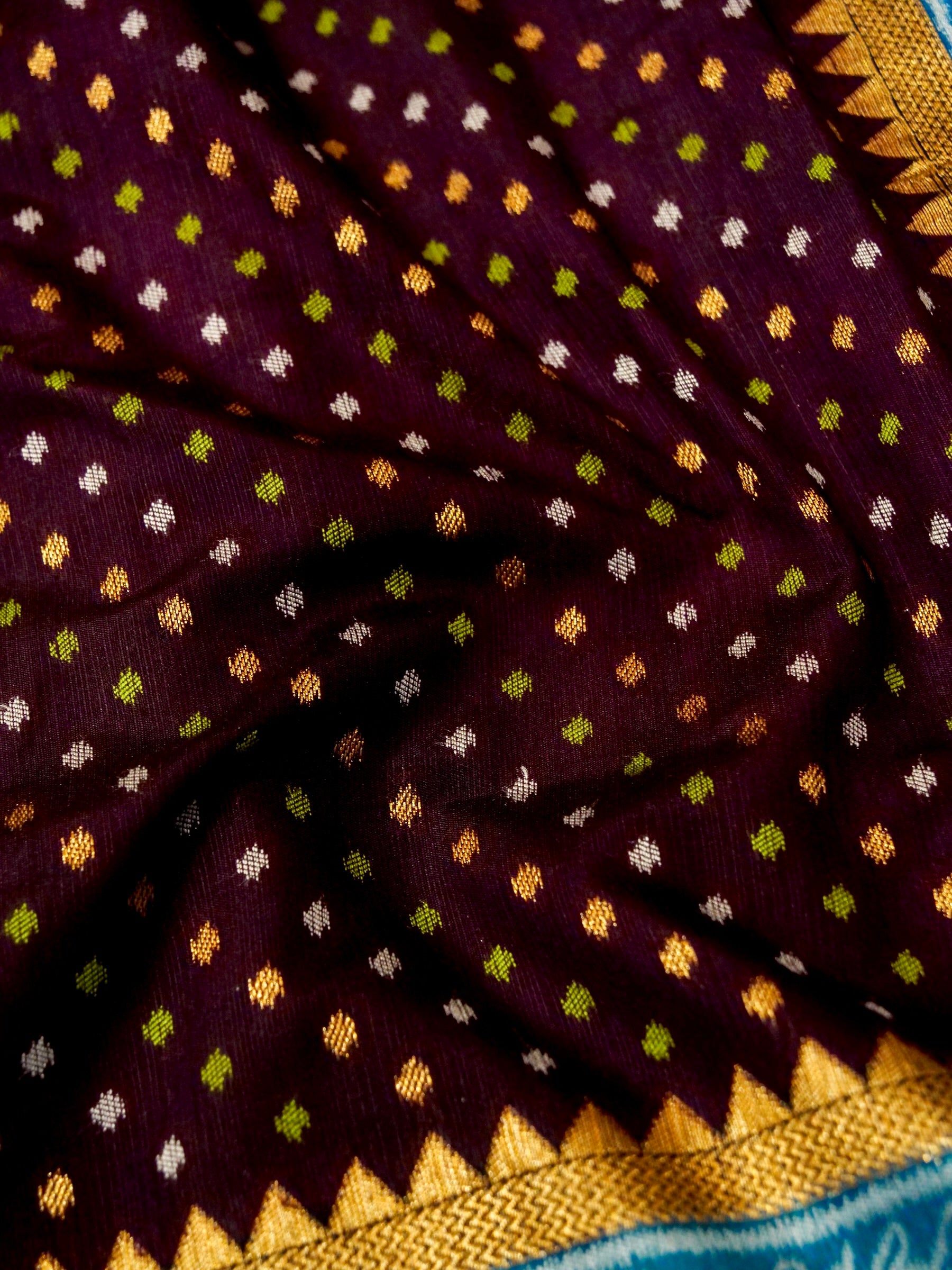 Coffee Brown Patola Silk Saree with Contrast Aqua Border