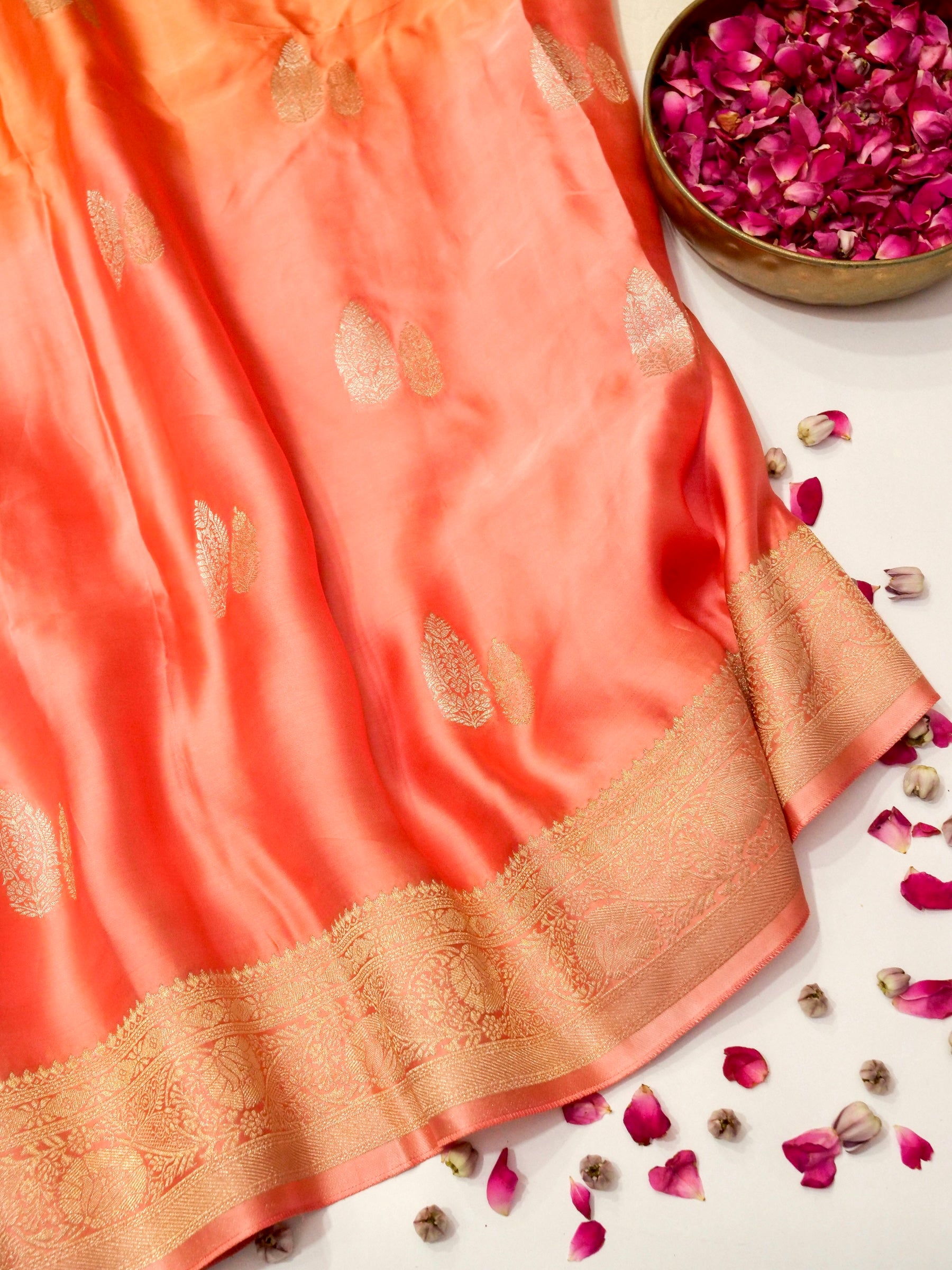 Coral Peach Ombré Mashru Silk Saree with Champagne Border