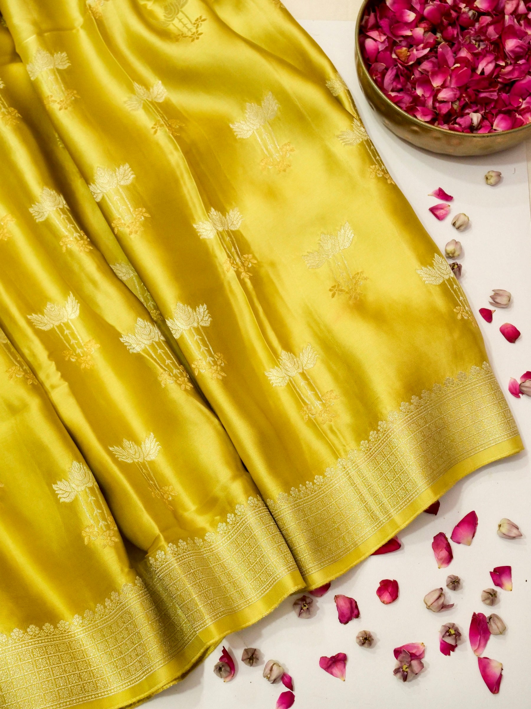Mustard Gold Mashru Silk Saree with Champagne Border