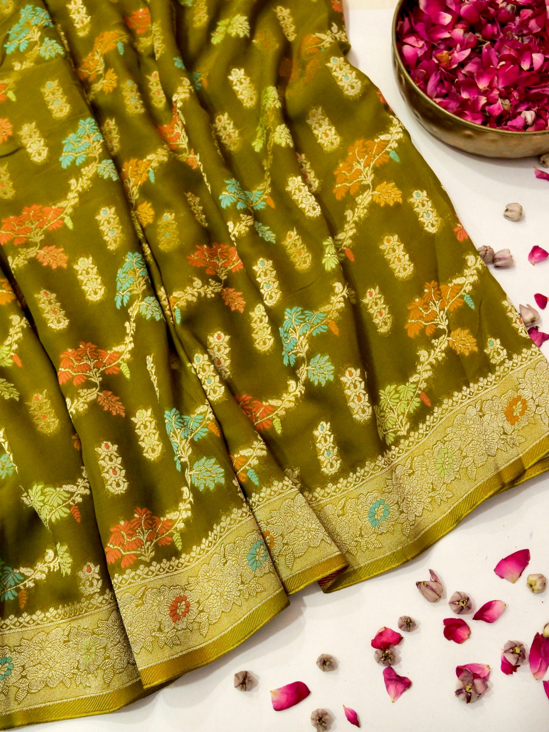 Moss Green Crepe Georgette Silk Saree with Champagne Border