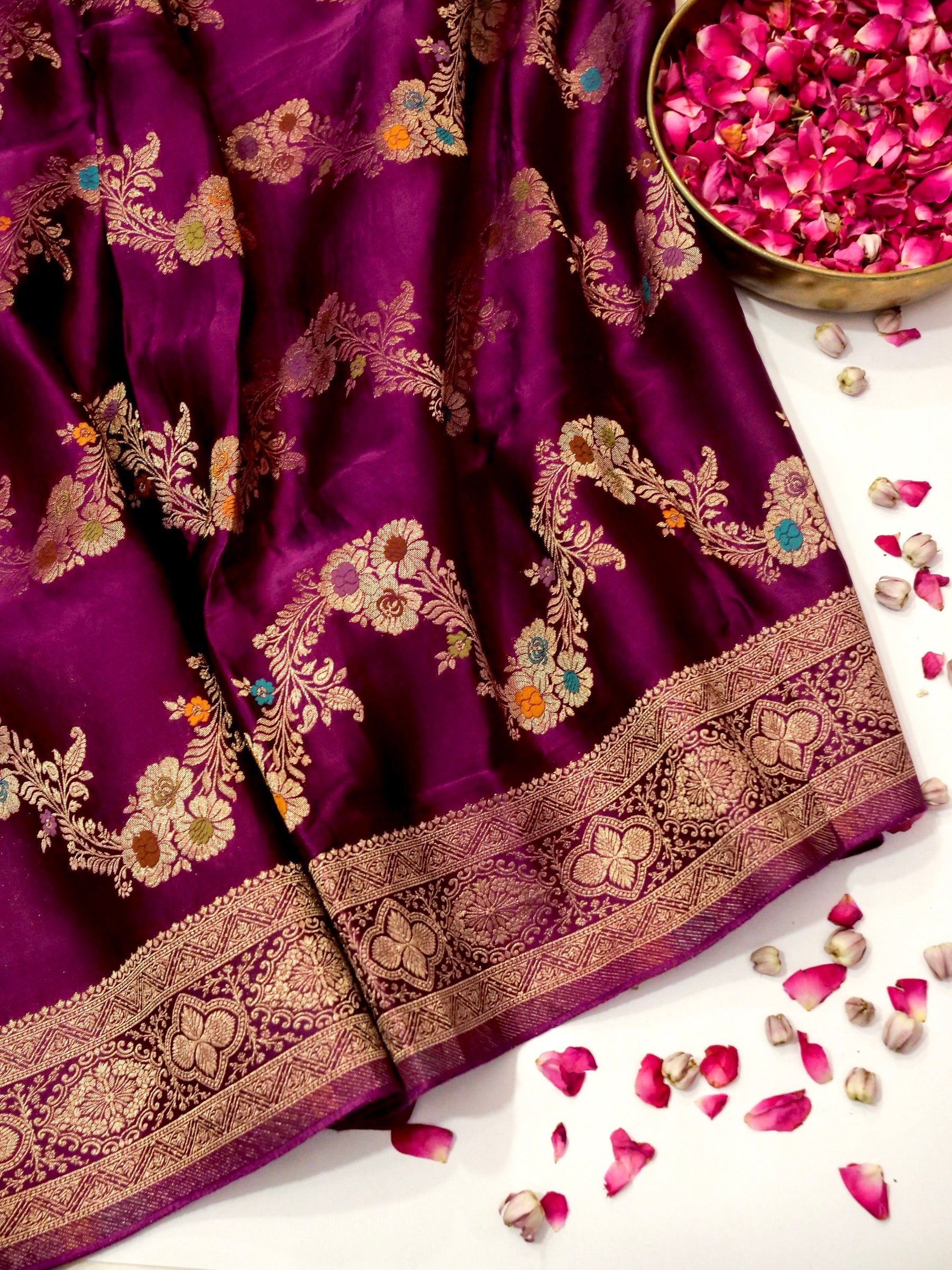 Berry Magenta Mashru Silk Saree with Gold Border