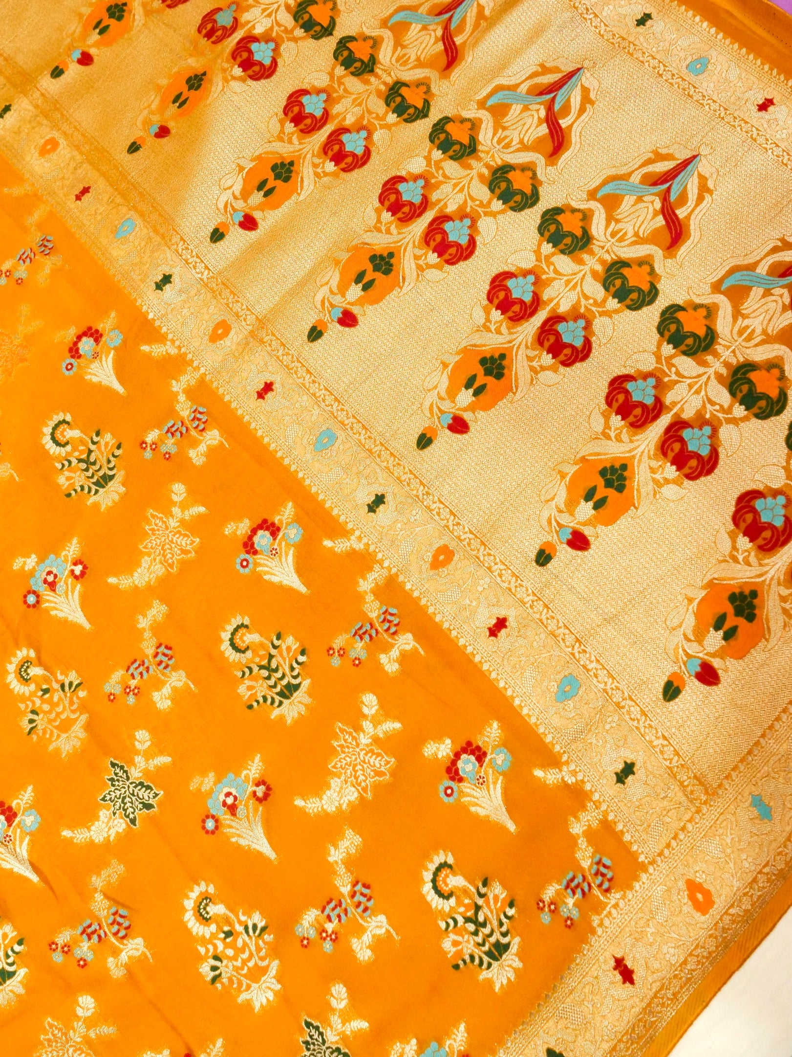 Mustard Orange Crepe Georgette Silk Saree with Champagne Gold Border