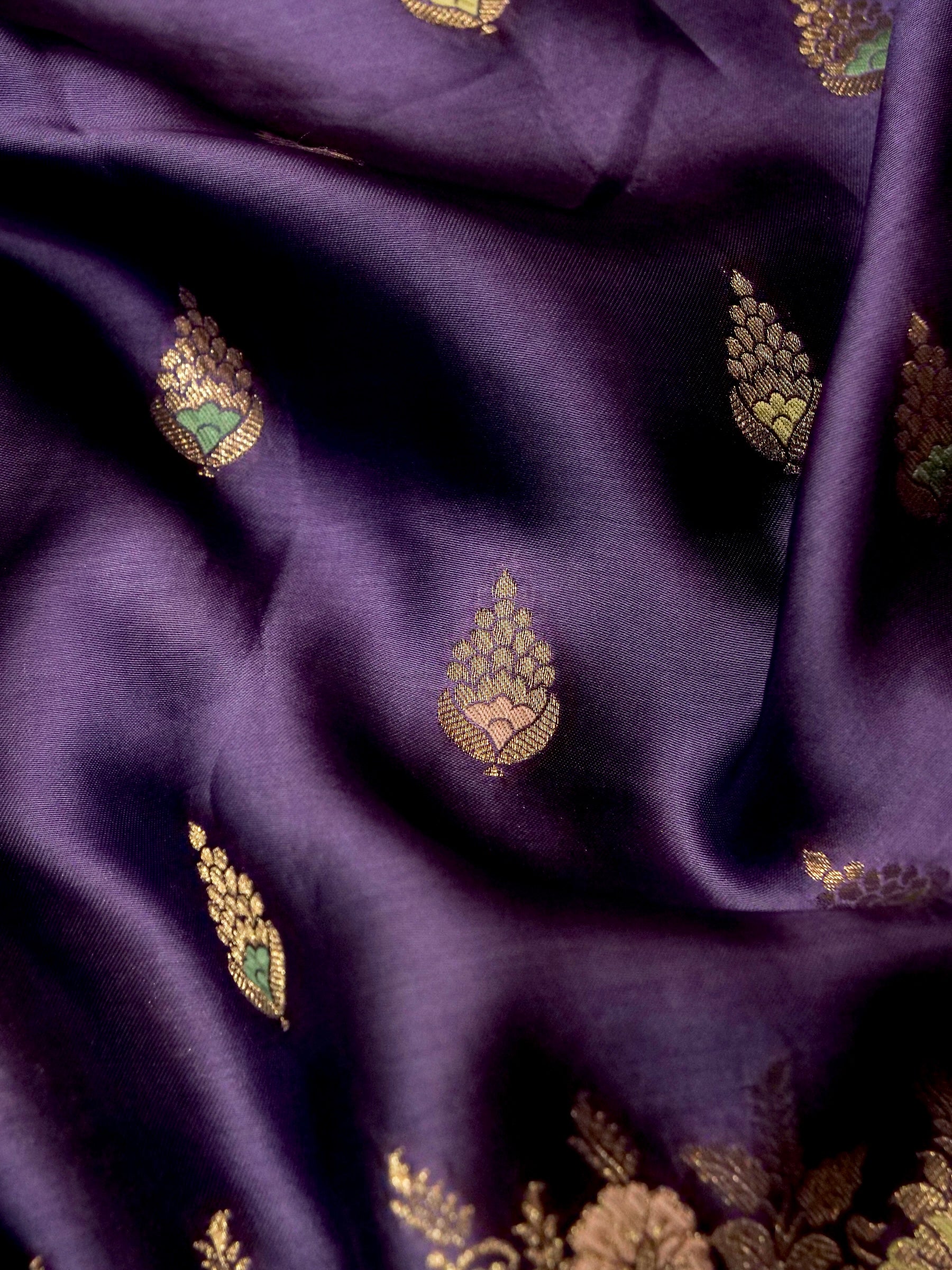 Royal Purple Mashru Silk Saree with Champagne Border