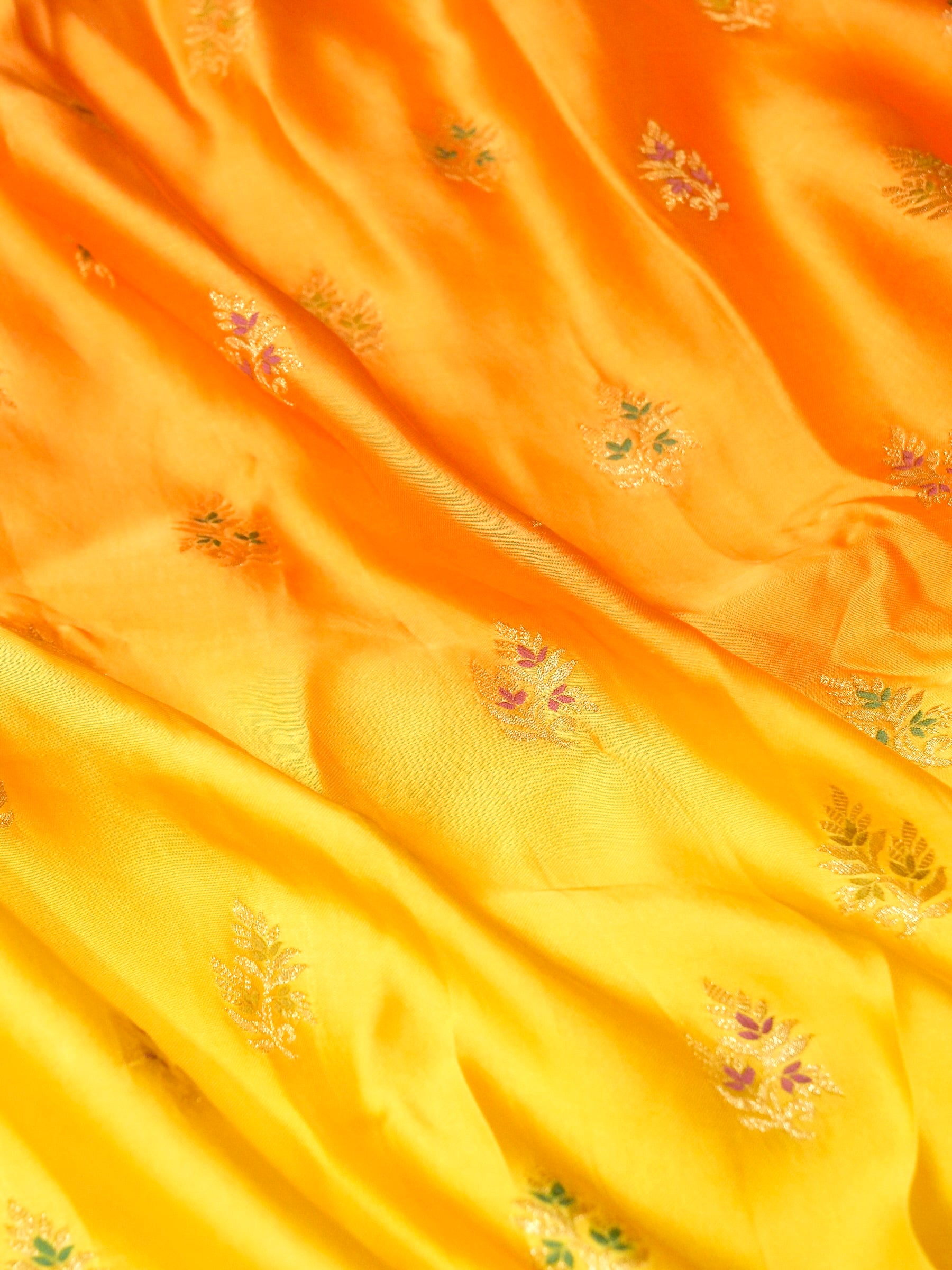 Ombré Yellow-Orange Mashru Silk Saree with Champagne Zari Detailing