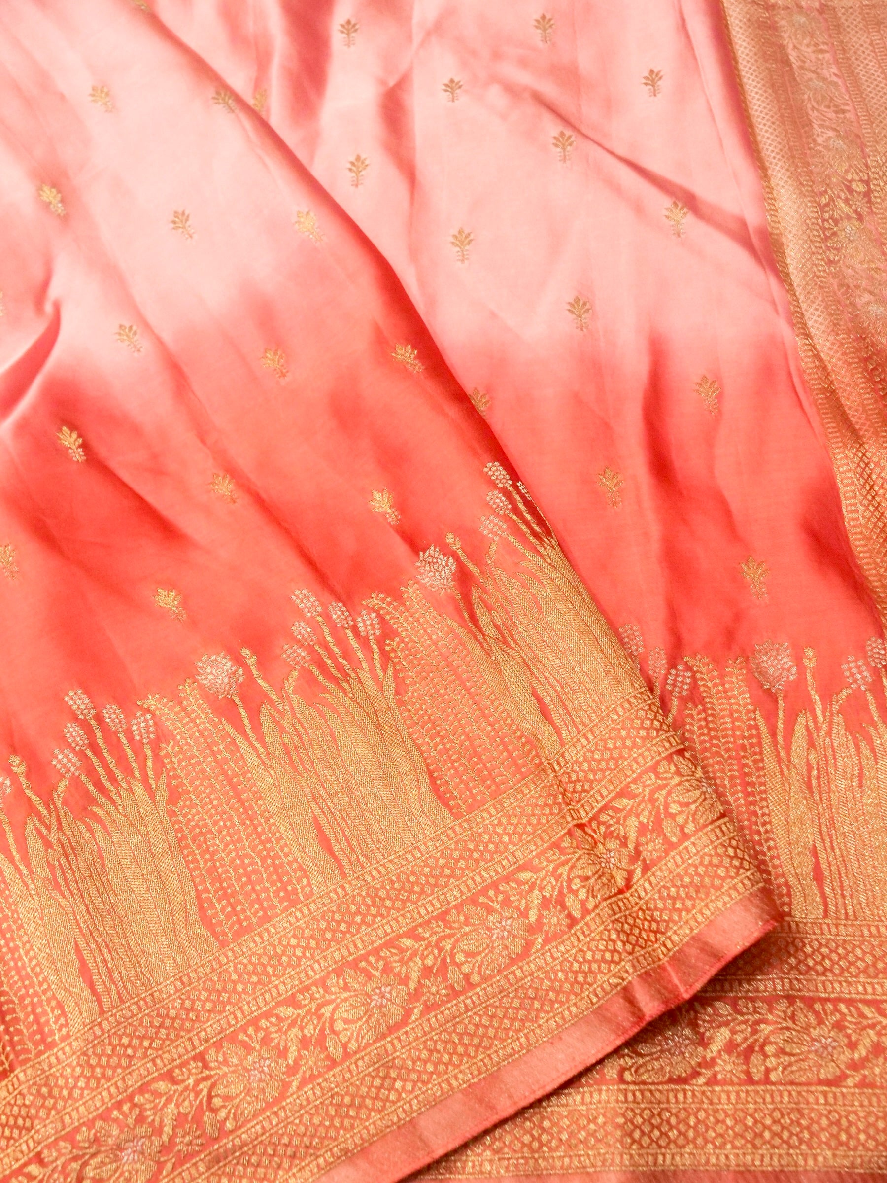 Ombré Peach-Pink Mashru Silk Saree with Champagne Zari Detailing
