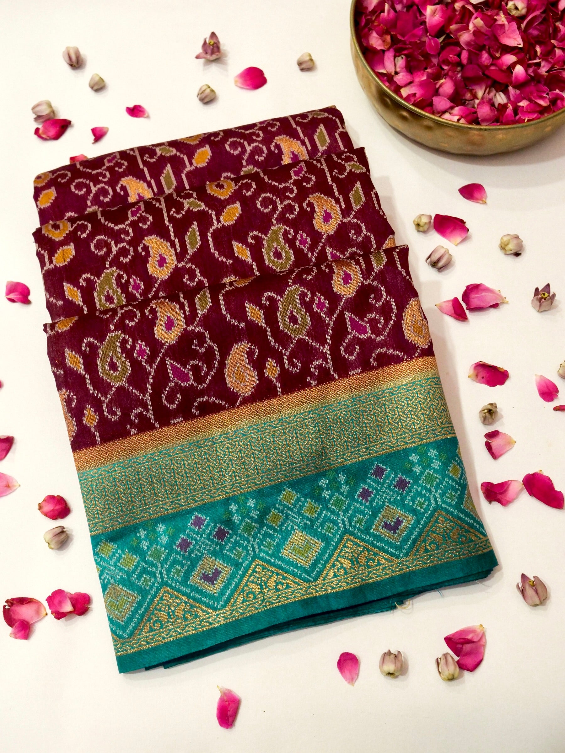 Wine Patola Silk Saree with Contrast Turquoise Border