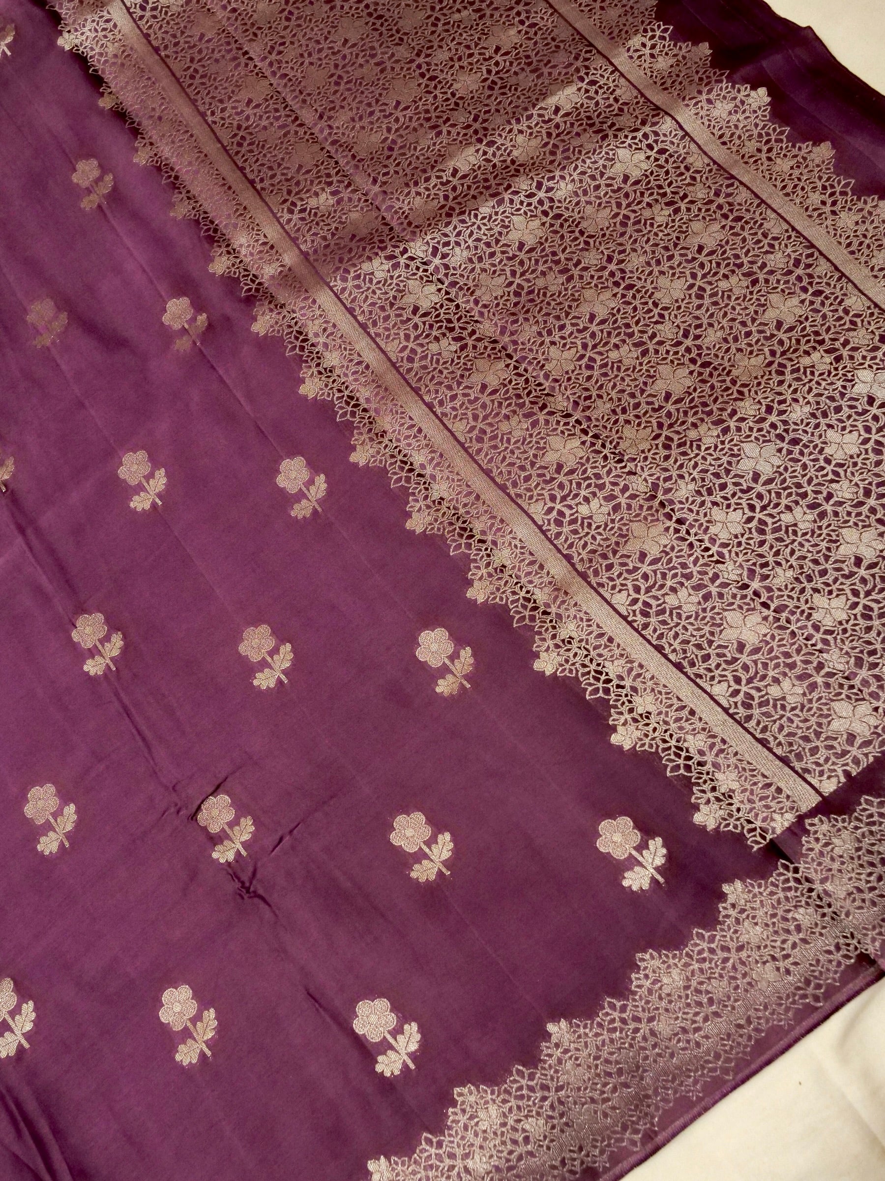 Aubergine Mashru Silk Saree with Champagne Lace-Style Border