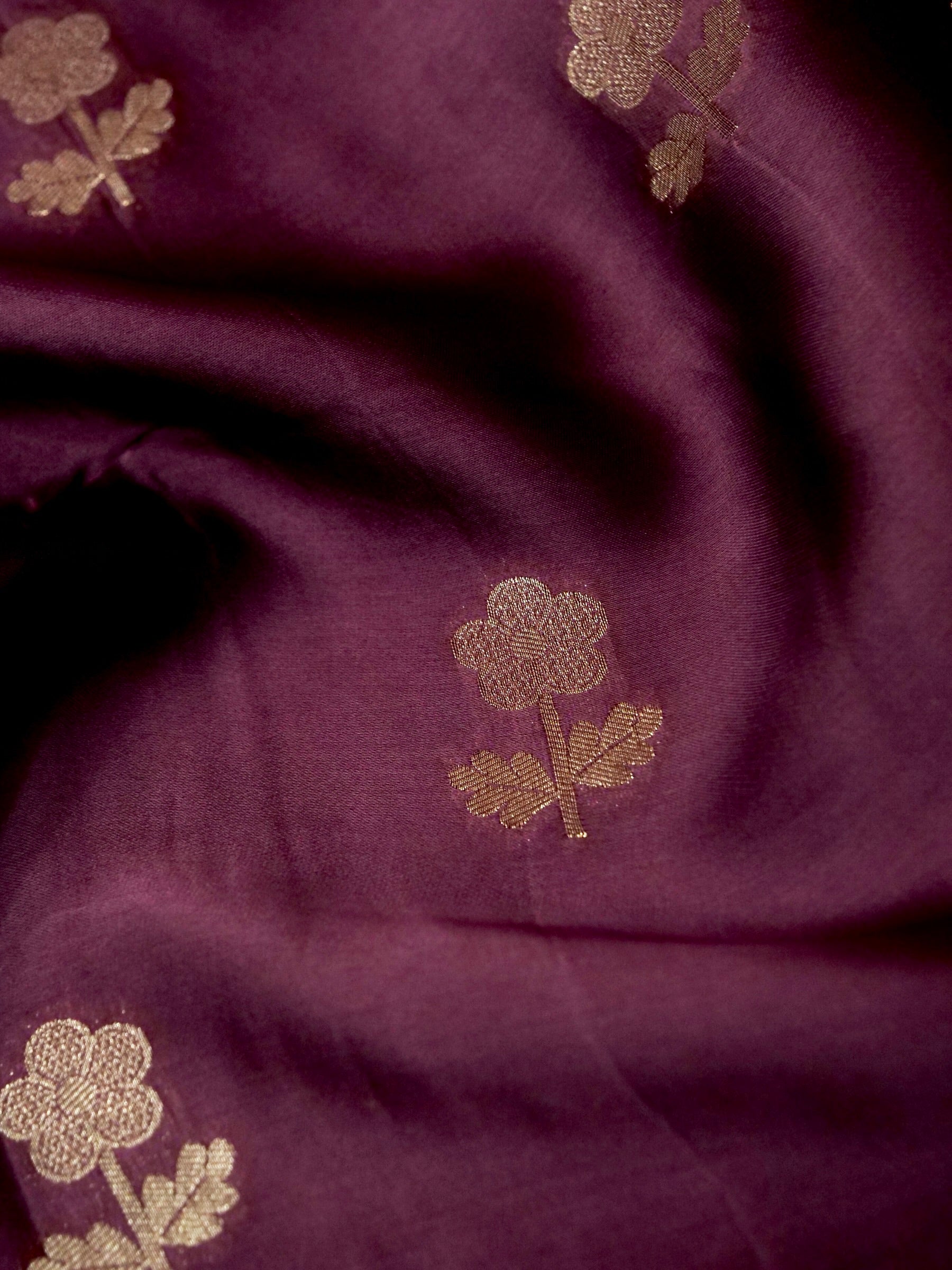 Aubergine Mashru Silk Saree with Champagne Lace-Style Border
