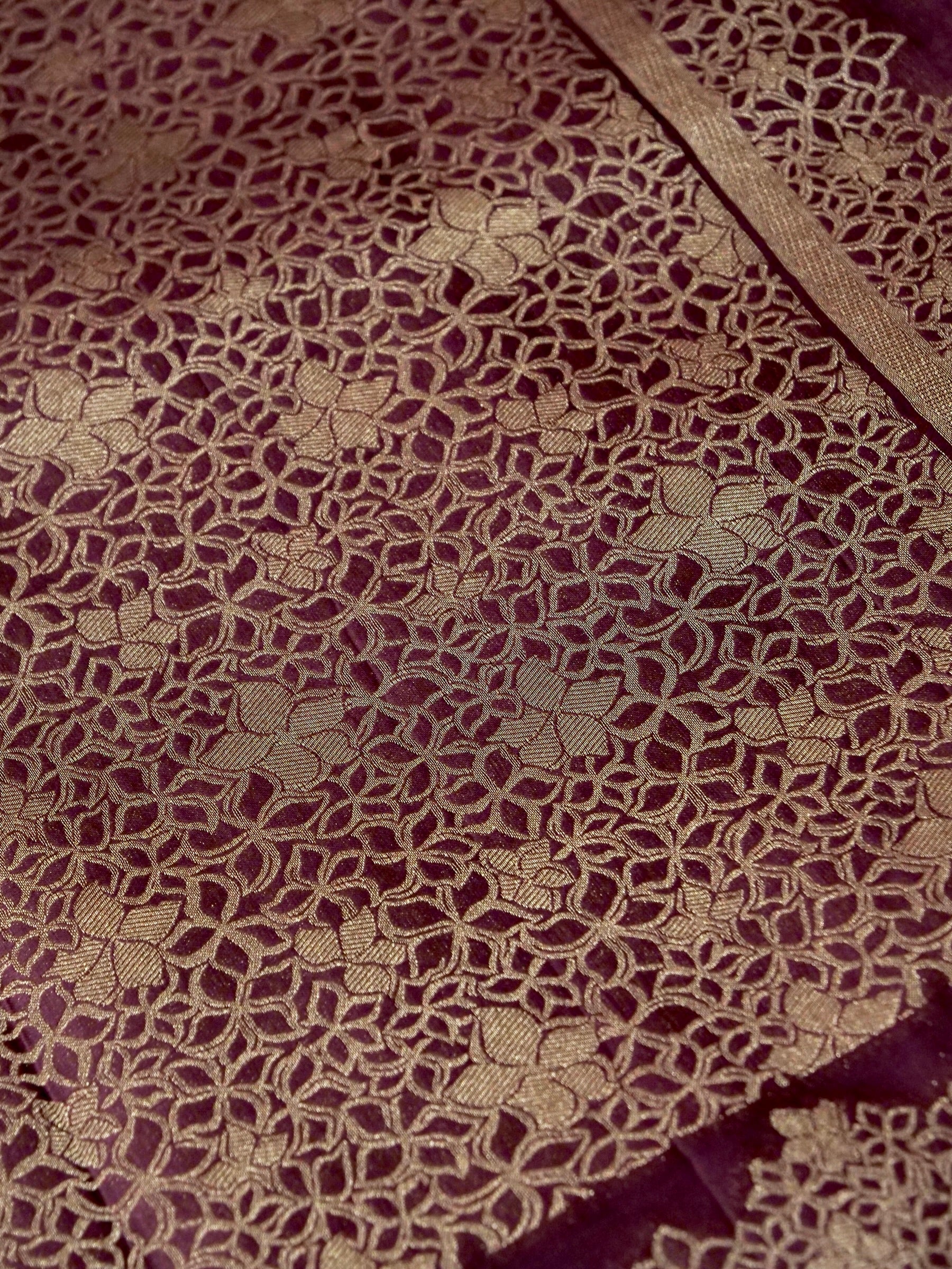 Aubergine Mashru Silk Saree with Champagne Lace-Style Border