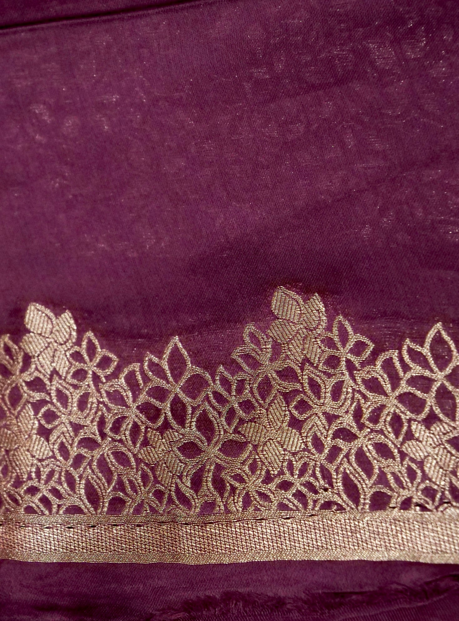 Aubergine Mashru Silk Saree with Champagne Lace-Style Border