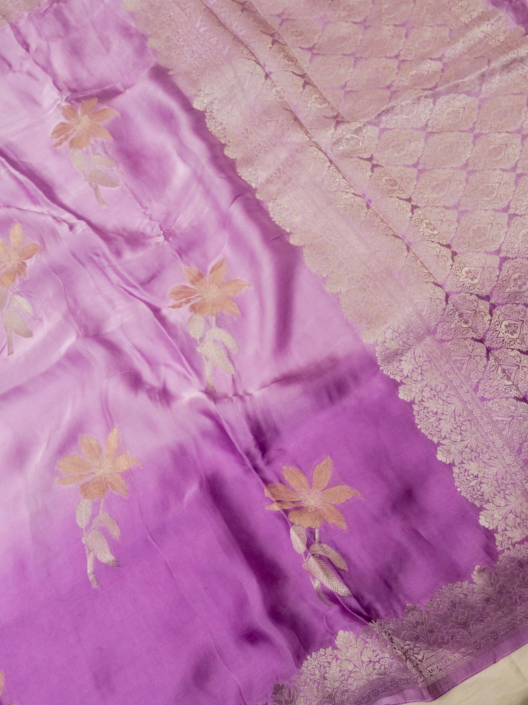 Purple Ombré Shade Mashru Silk Saree with Champagne Border
