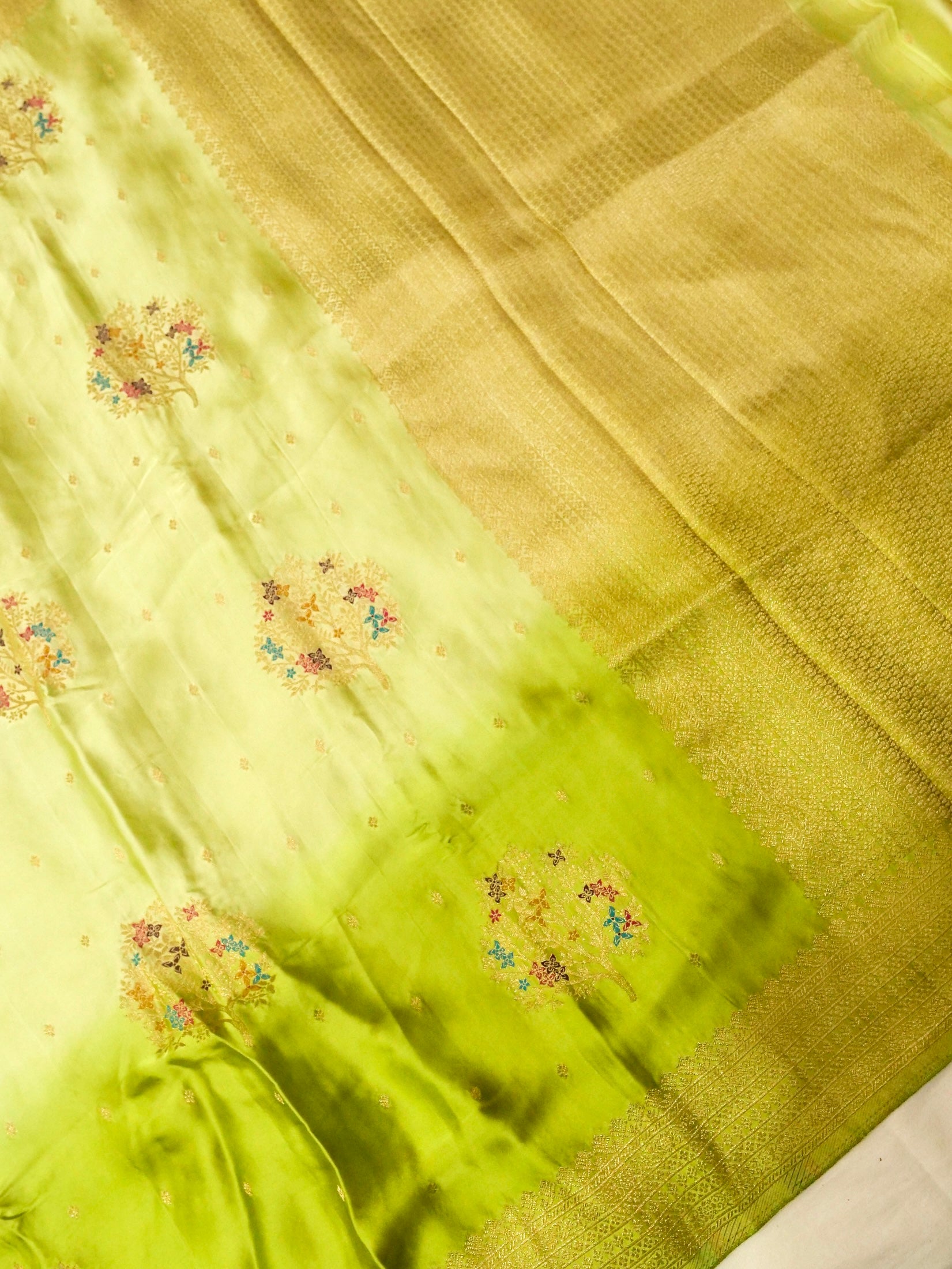Lime Green Ombré Shade Mashru Silk Saree with Champagne Border