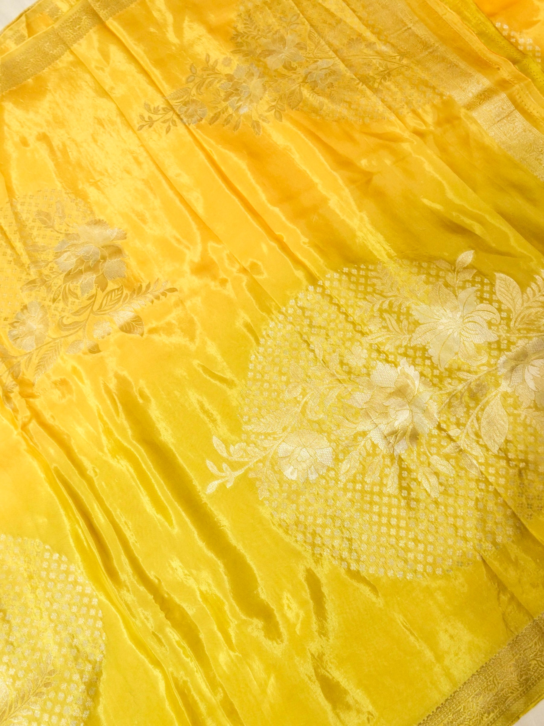Butter Yellow Ombré Shade Mashru Silk Saree with Champagne Border
