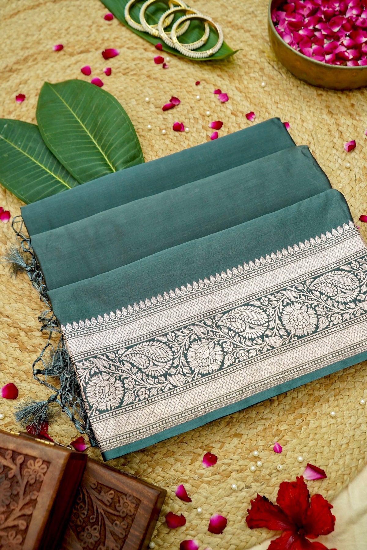Rich Dusty Teal Pure Banarasi Katan Silk Saree with light Gold Zari Weaving