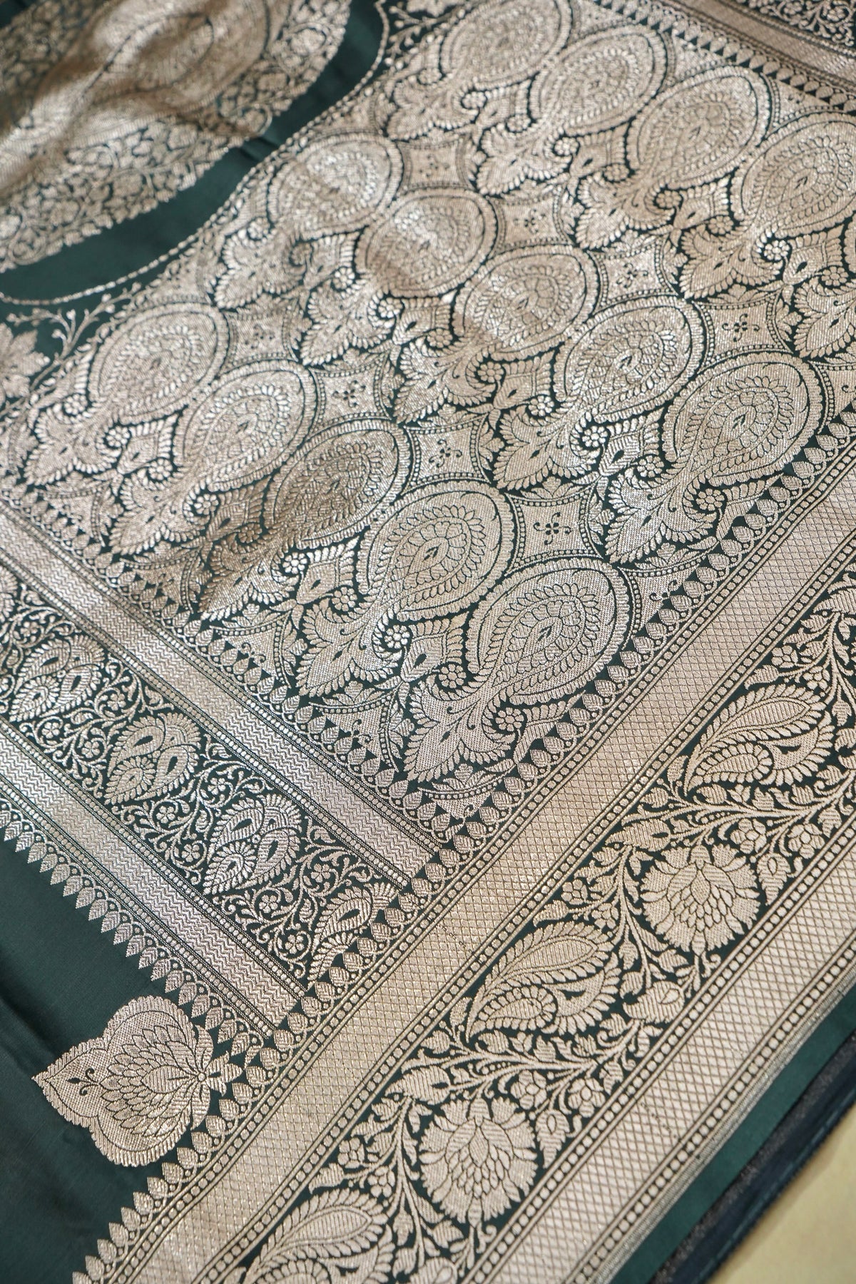 Rich Dusty Teal Pure Banarasi Katan Silk Saree with light Gold Zari Weaving