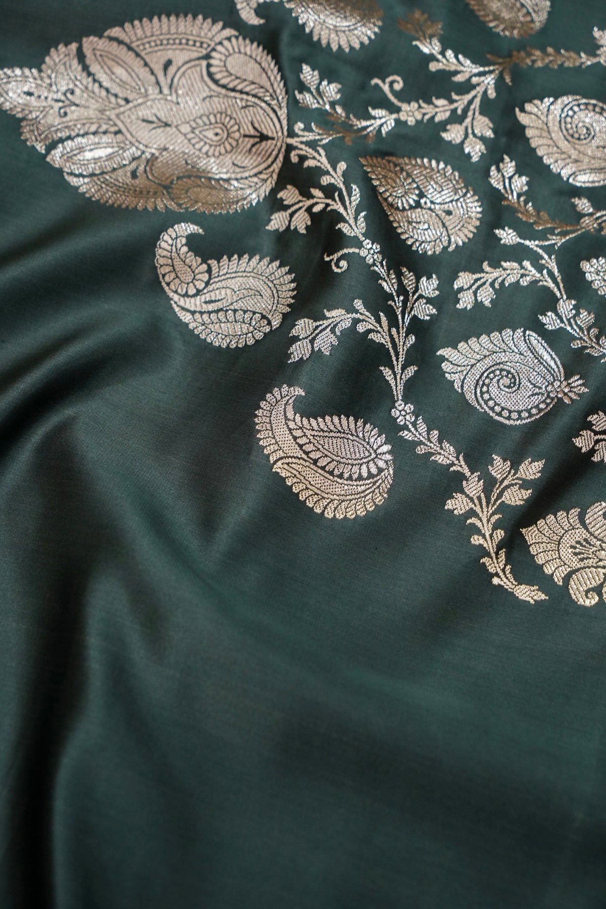 Rich Dusty Teal Pure Banarasi Katan Silk Saree with light Gold Zari Weaving