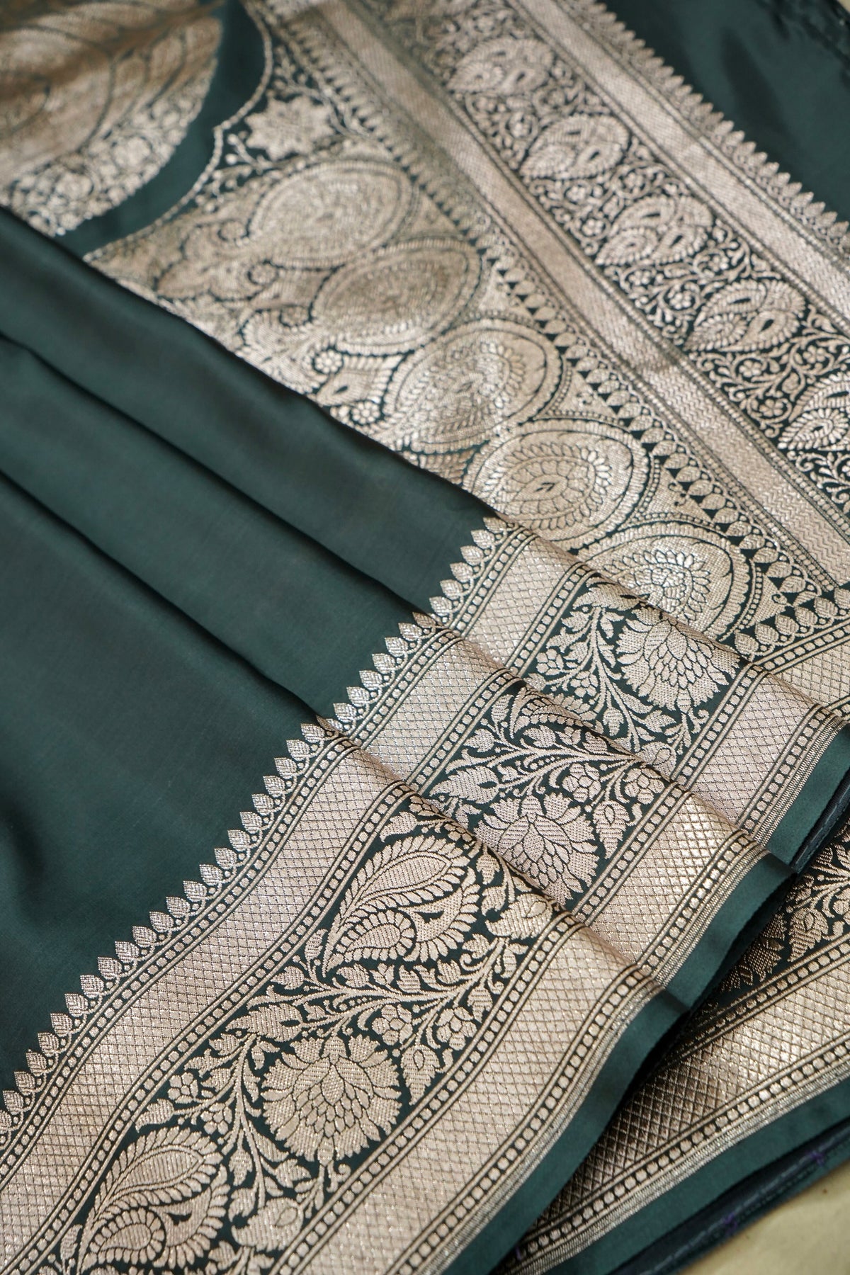 Rich Dusty Teal Pure Banarasi Katan Silk Saree with light Gold Zari Weaving