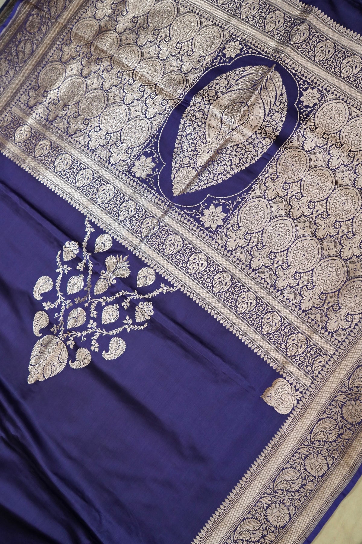 Rich Sapphire Blue Pure Banarasi Katan Silk Saree with light Gold Zari Weaving
