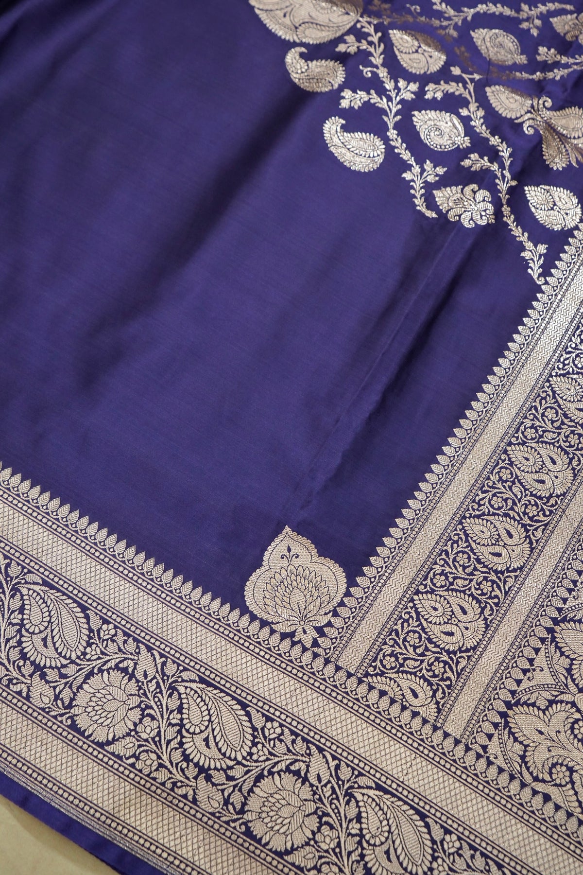 Rich Sapphire Blue Pure Banarasi Katan Silk Saree with light Gold Zari Weaving