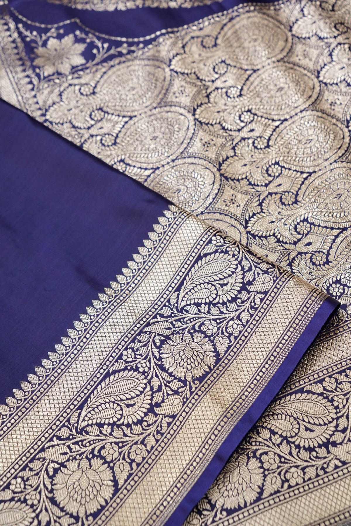 Rich Sapphire Blue Pure Banarasi Katan Silk Saree with light Gold Zari Weaving