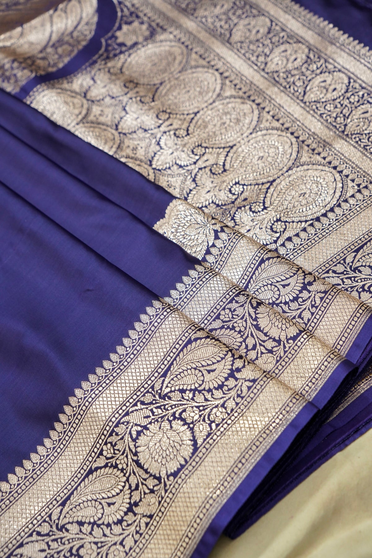 Rich Sapphire Blue Pure Banarasi Katan Silk Saree with light Gold Zari Weaving