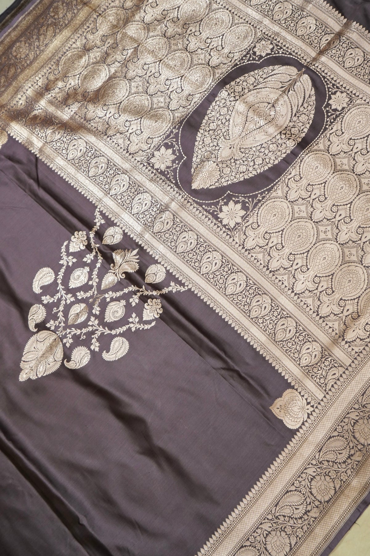Rich Mauve Grey Pure Banarasi Katan Silk Saree with light Gold Zari Weaving