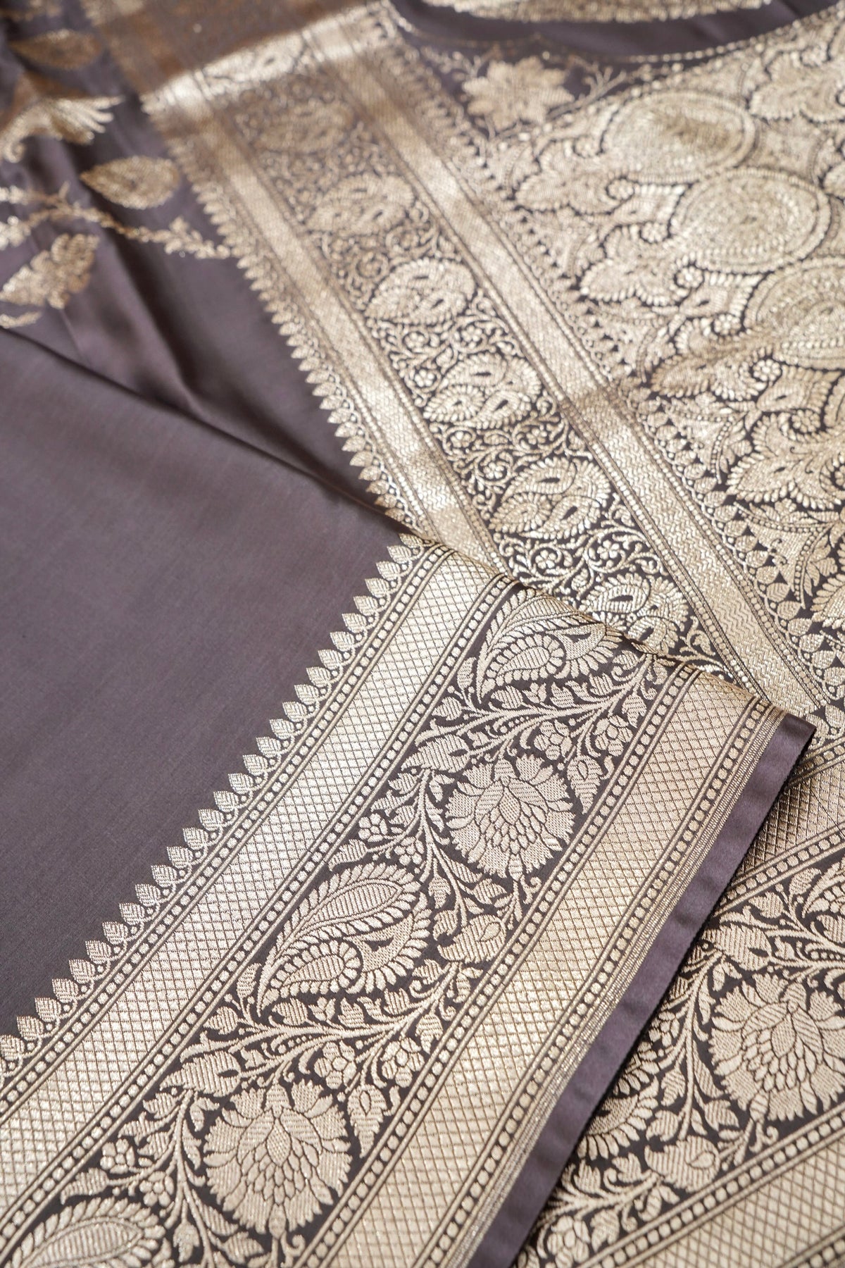 Rich Mauve Grey Pure Banarasi Katan Silk Saree with light Gold Zari Weaving