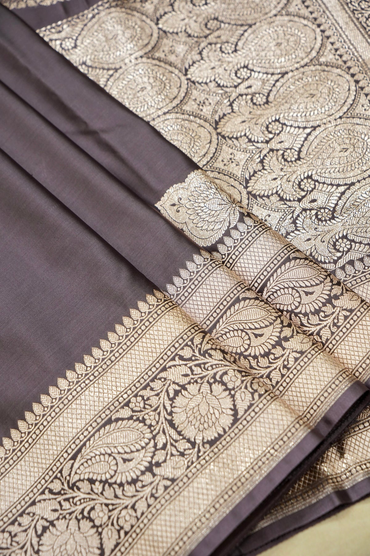 Rich Mauve Grey Pure Banarasi Katan Silk Saree with light Gold Zari Weaving