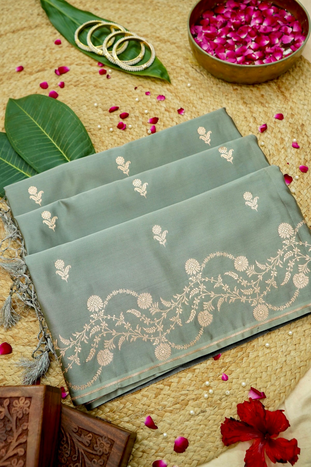 Shruti - Sage Green Pure Katan Silk Saree
