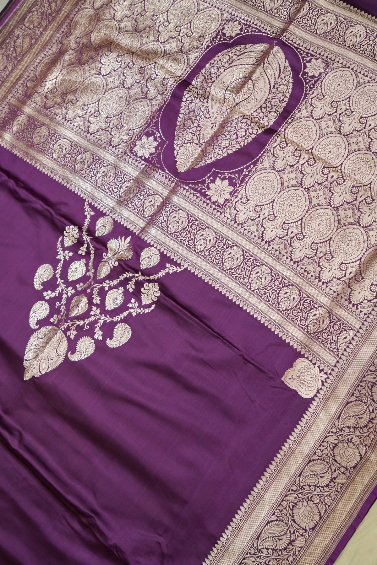 Rich Magenta Purple Pure Banarasi Katan Silk Saree with light Gold Zari Weaving