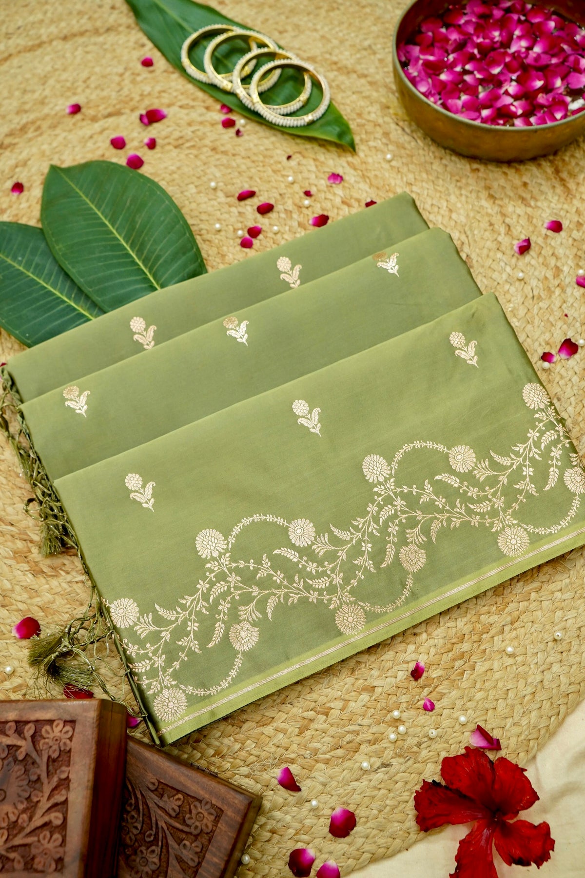 Shruti - Olive Green Pure Katan Silk Saree