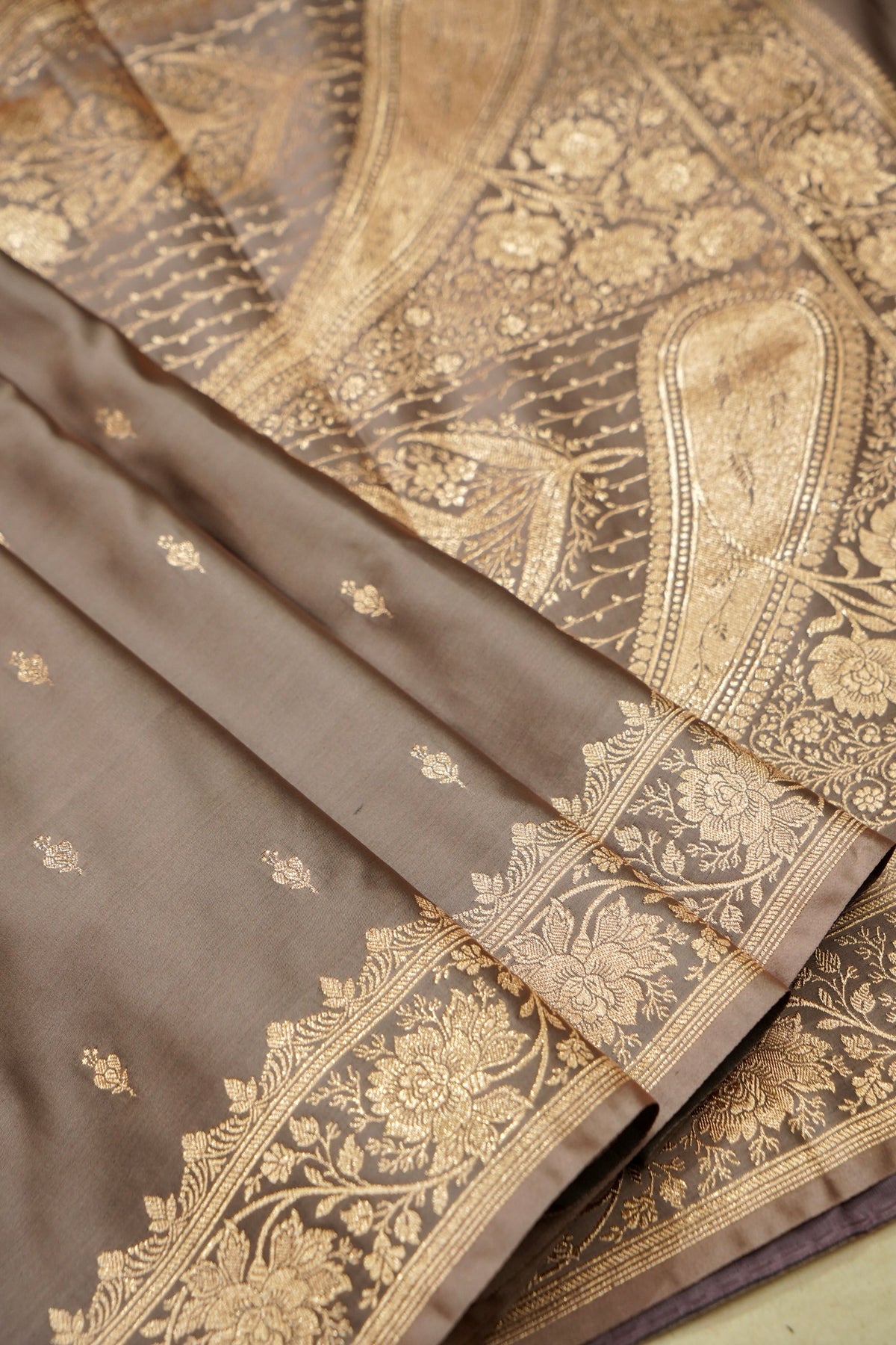Kruti - Pure Katan Silk Saree in Taupe Beige