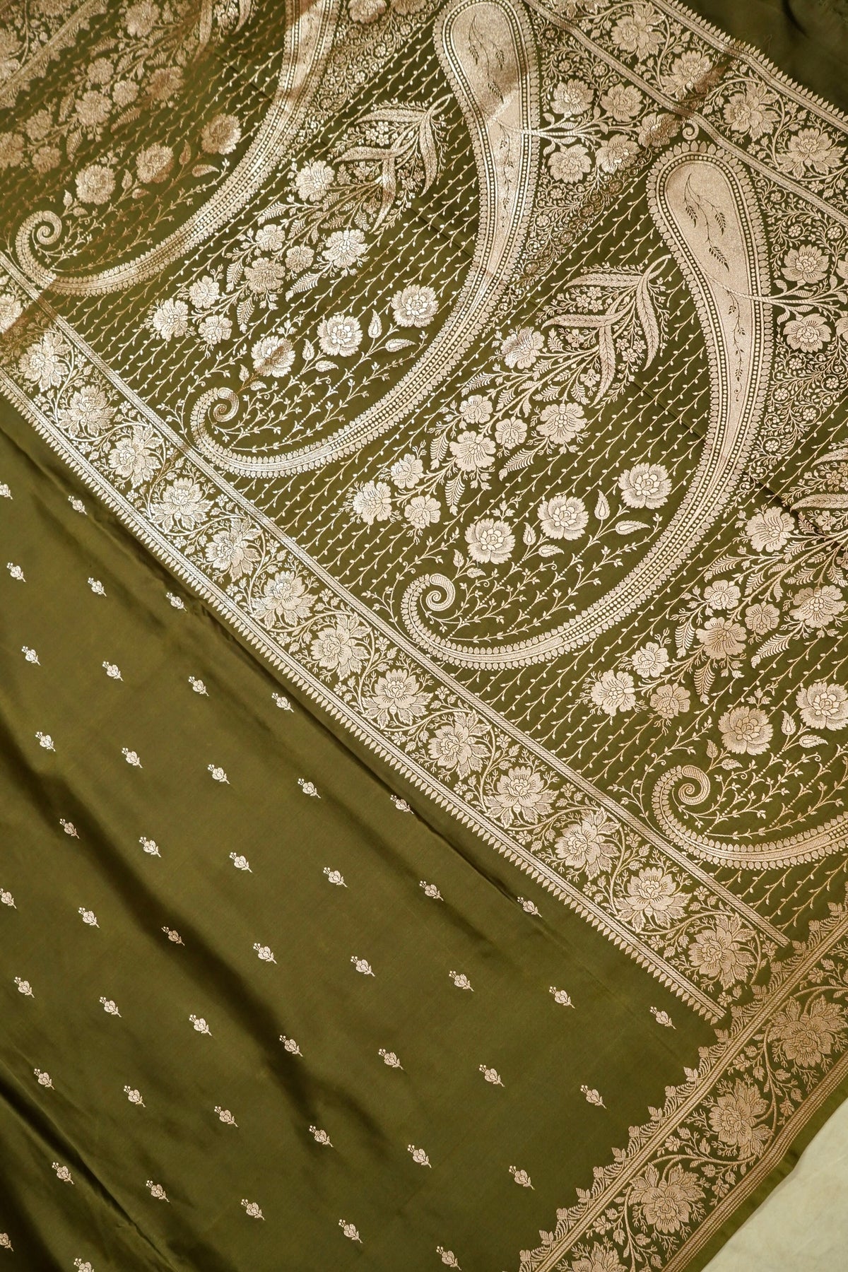 Kruti - Pure Katan Silk Saree in Olive Green