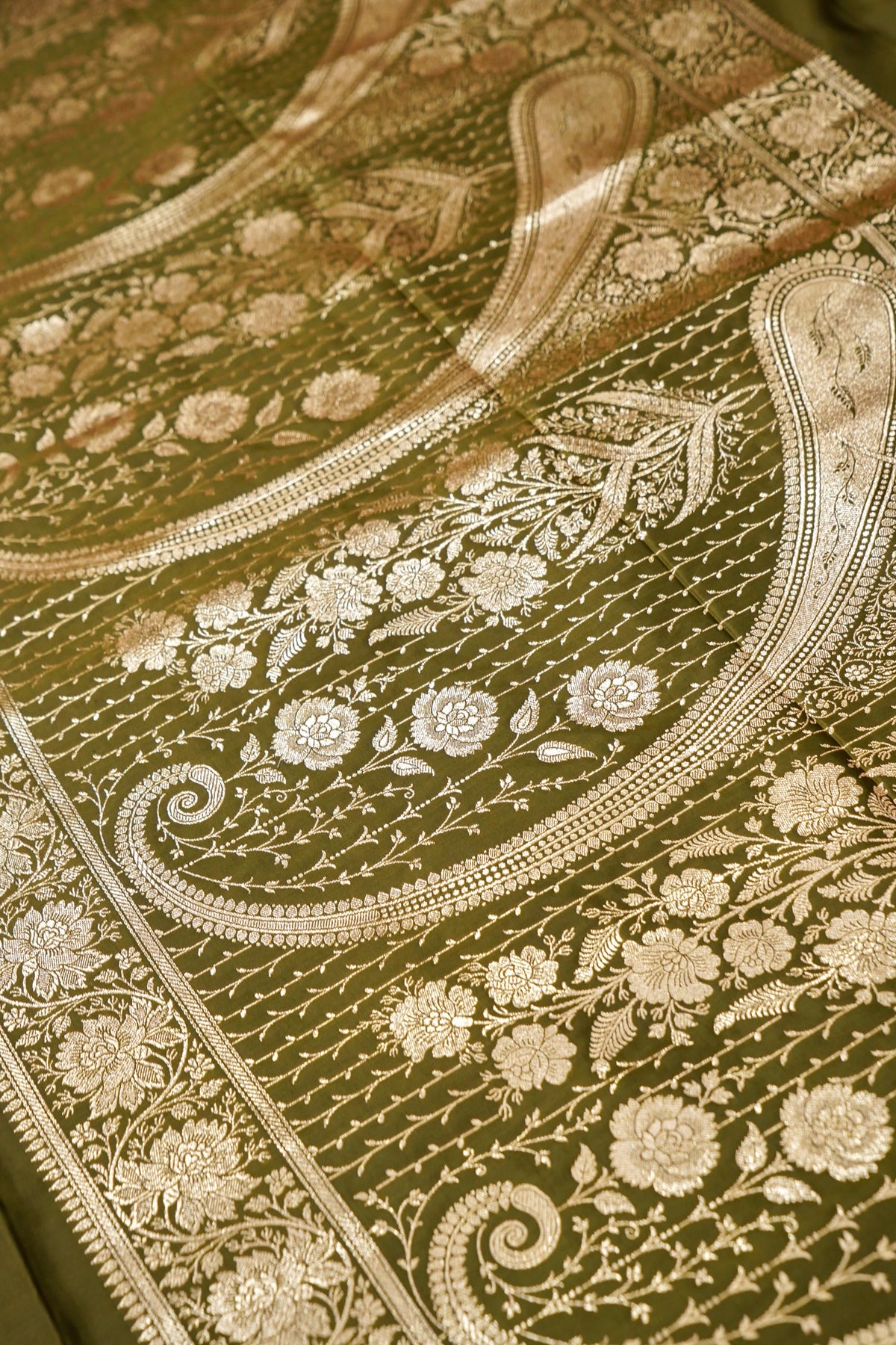 Kruti - Pure Katan Silk Saree in Olive Green