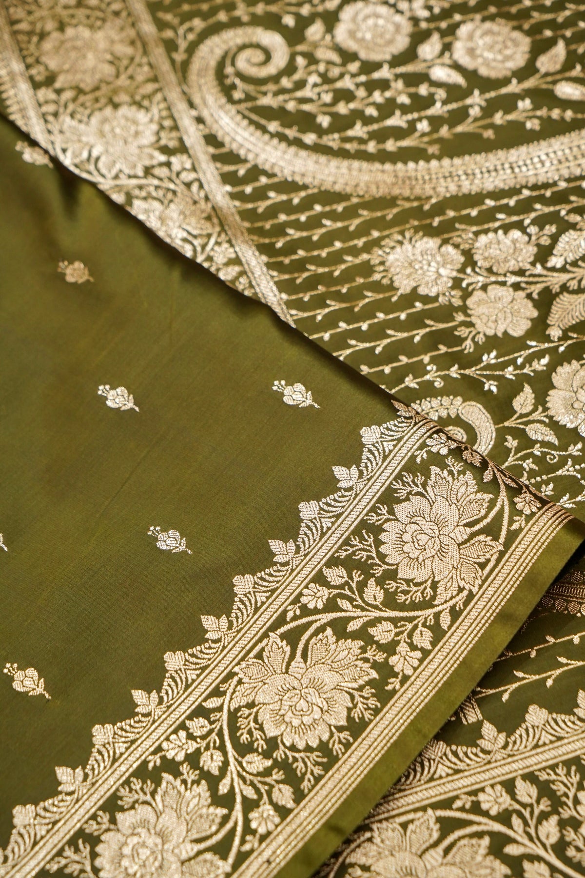 Kruti - Pure Katan Silk Saree in Olive Green