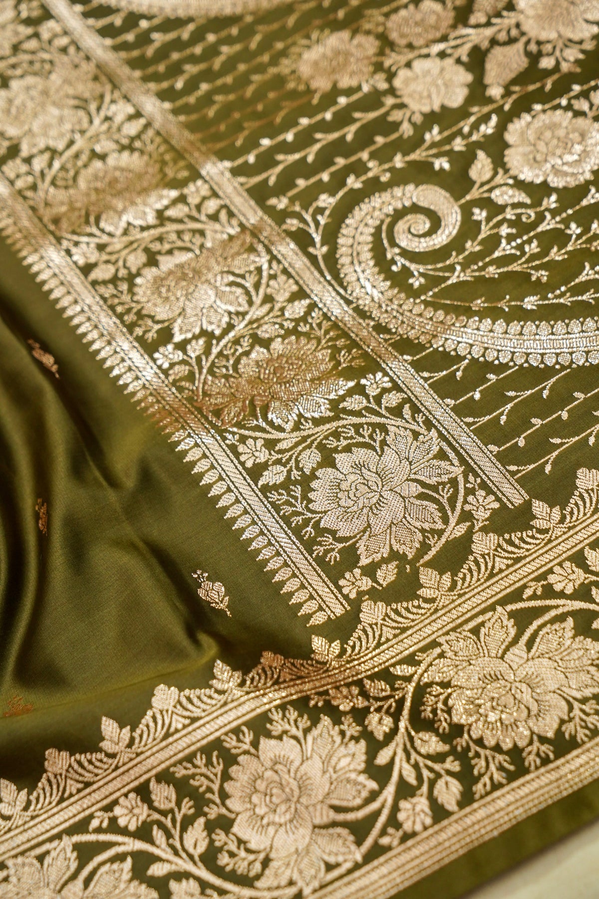 Kruti - Pure Katan Silk Saree in Olive Green