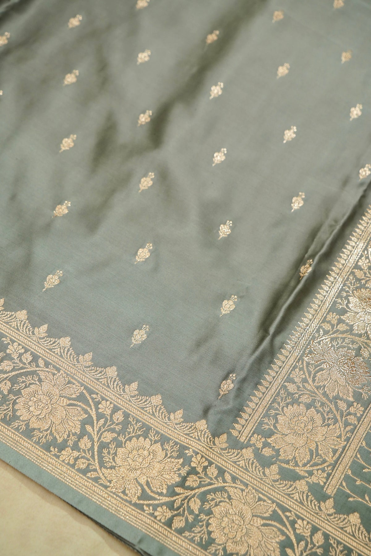 Kruti - Pure Katan Silk Saree in Sage Grey