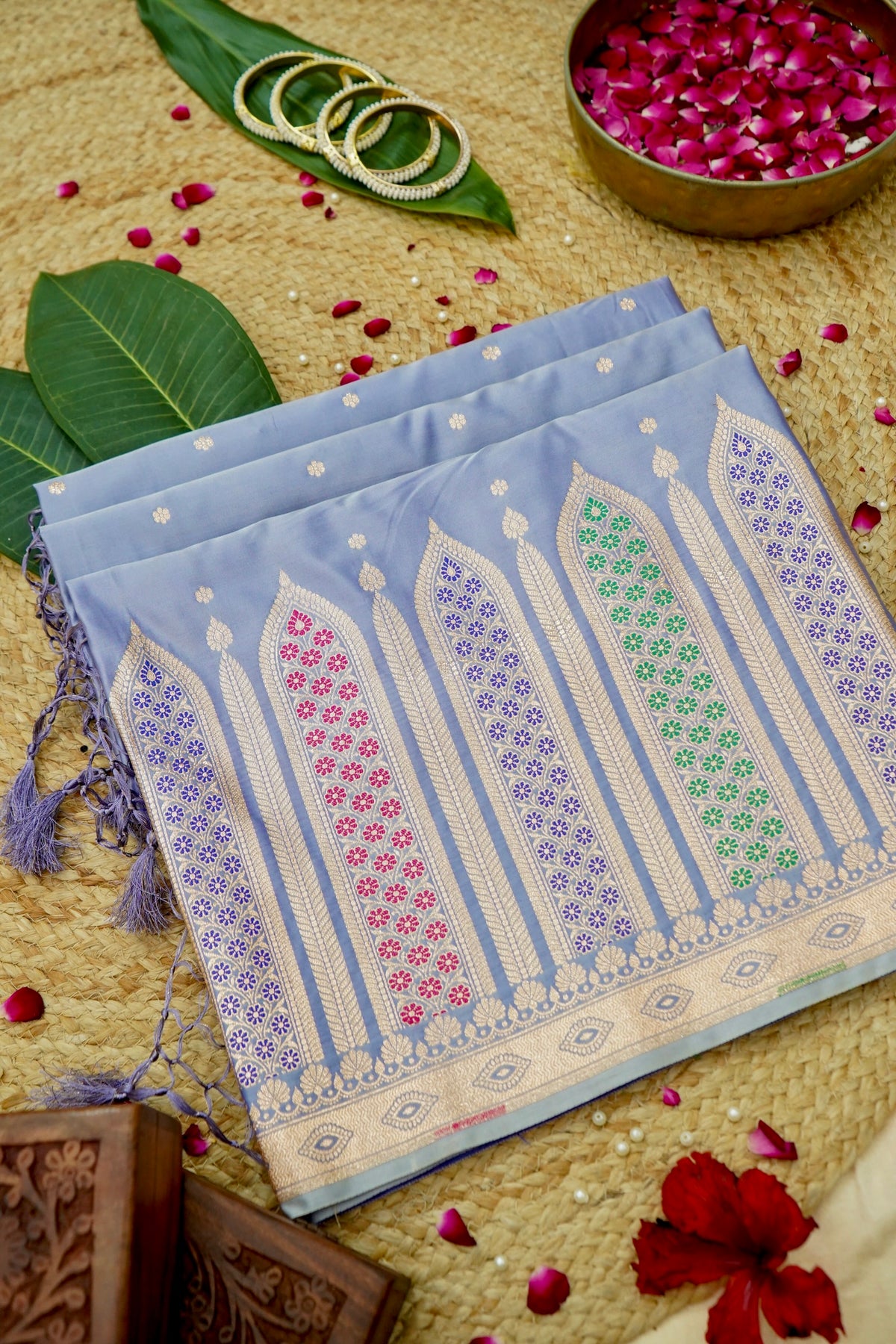Saadgi - Periwinkle Blue Pure Katan Silk Saree with Multicolor Meenakari Border
