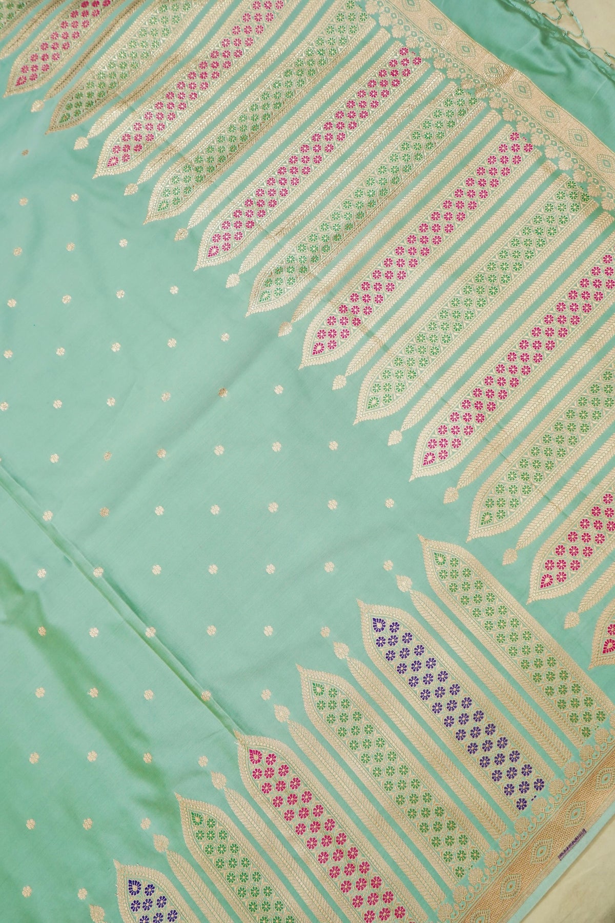 Saadgi - Mint Green Pure Katan Silk Saree with Multicolor Meenakari Border