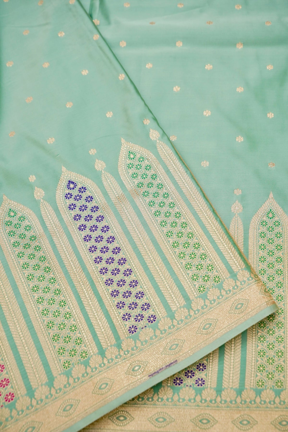 Saadgi - Mint Green Pure Katan Silk Saree with Multicolor Meenakari Border