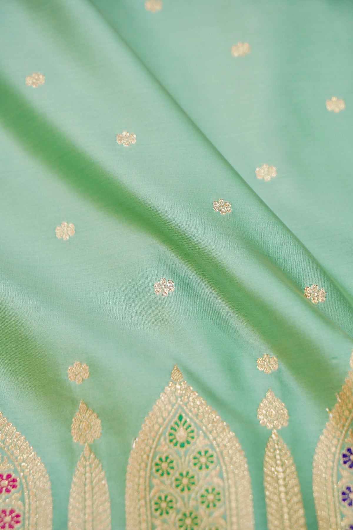 Saadgi - Mint Green Pure Katan Silk Saree with Multicolor Meenakari Border